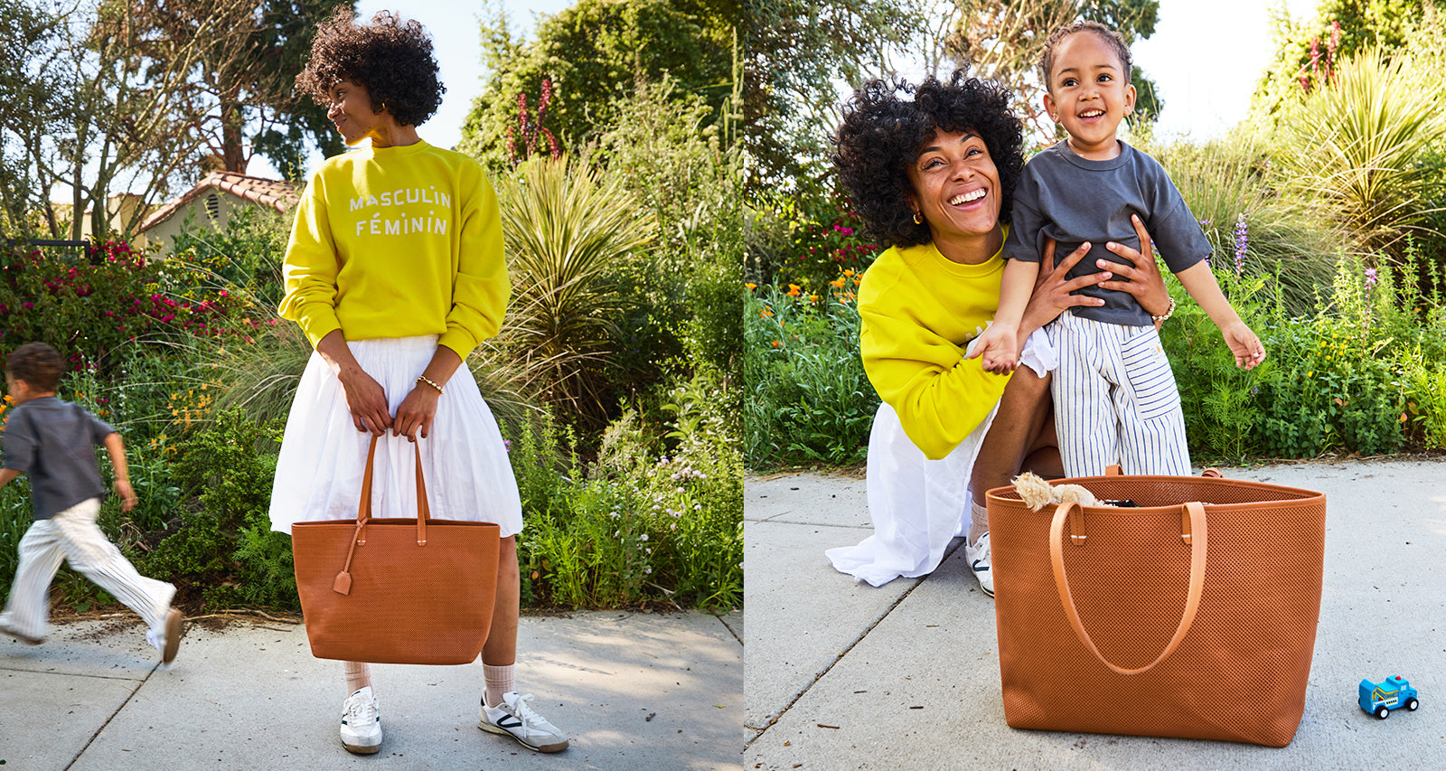 Mother with son and Cuoio Perf Volie Tote. 