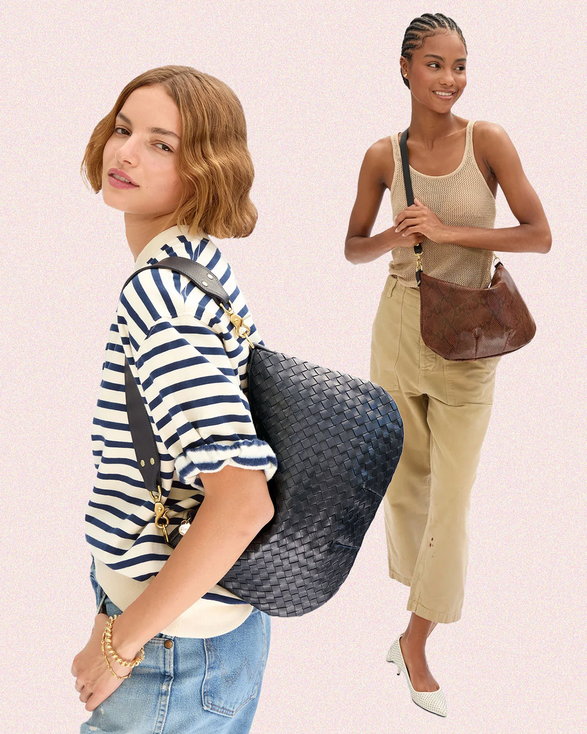 Two models carrying the Moyen Messenger as a shoulder bag and as a crossbody bag. 