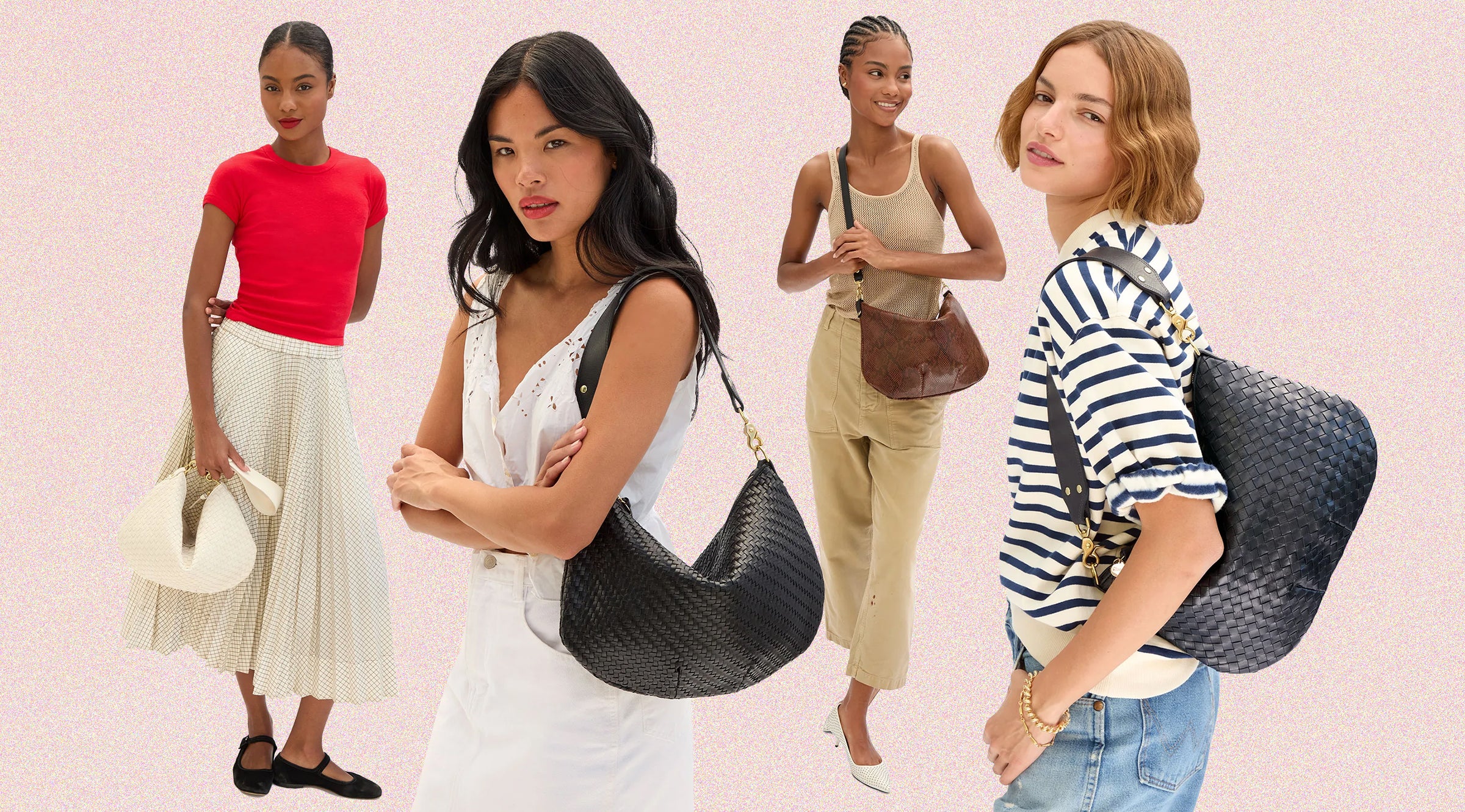 Four models carrying the Moyen Messenger as a shoulder bag, top handle bag, and crossbody bag. 