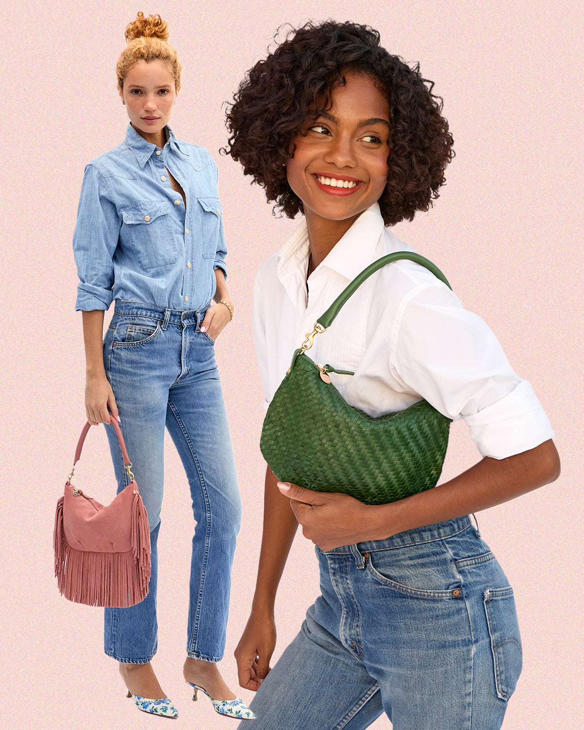 Models carrying the Petit Moyen in Rose Clay Fringe and Evergreen Woven Petit Moyen. 