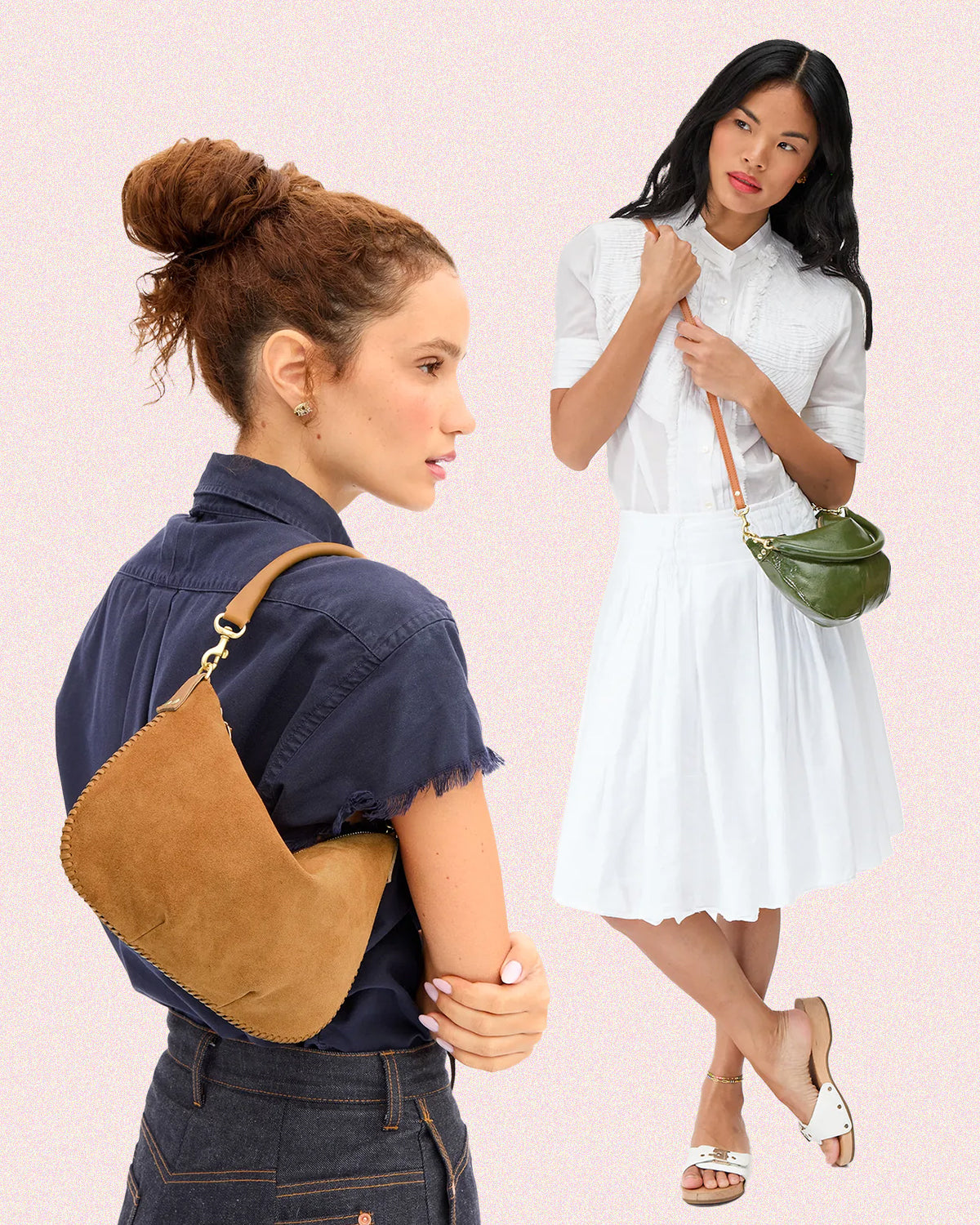 Two models carrying the Petit Moyen in two different colors. 