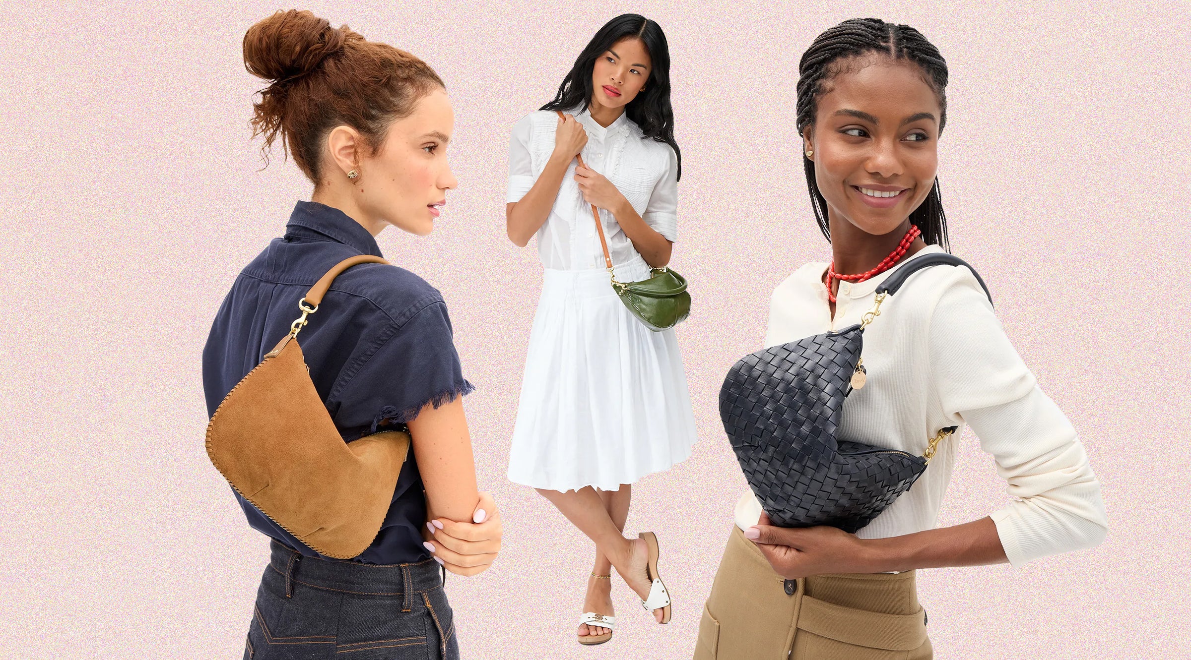 Three models carrying the Petit Moyen in three different colors. 