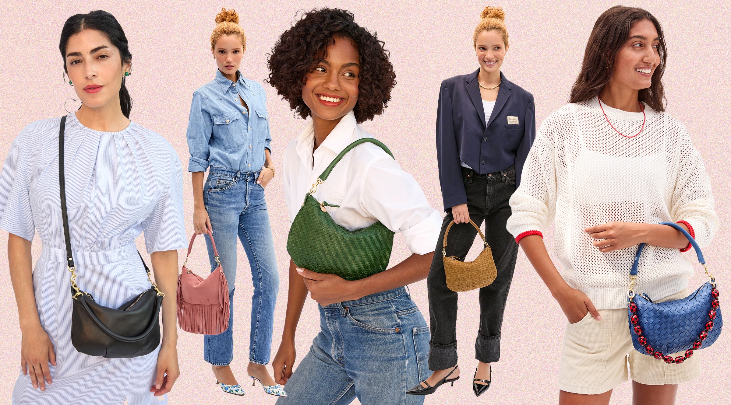 Five models each carrying a Petit Moyen in a different colorway. 