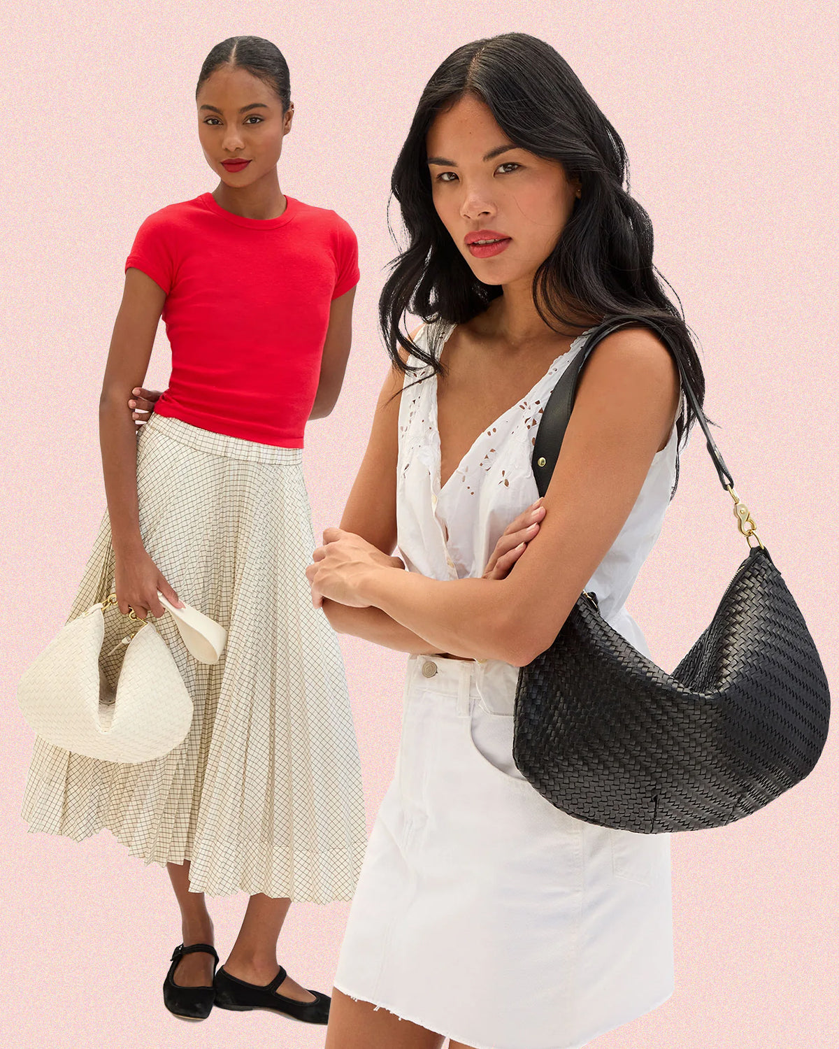 Two models carrying the Moyen Messenger in Cream Woven and Black Woven.