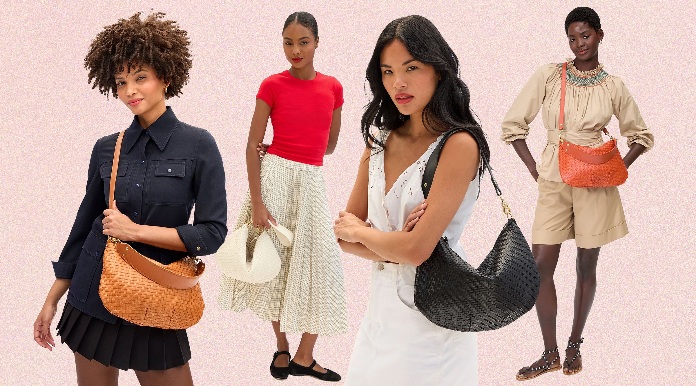 Four models carrying the Moyen Messenger in the following colors: Natural Woven, Cream Woven, Balck Woven, and Saltillo.