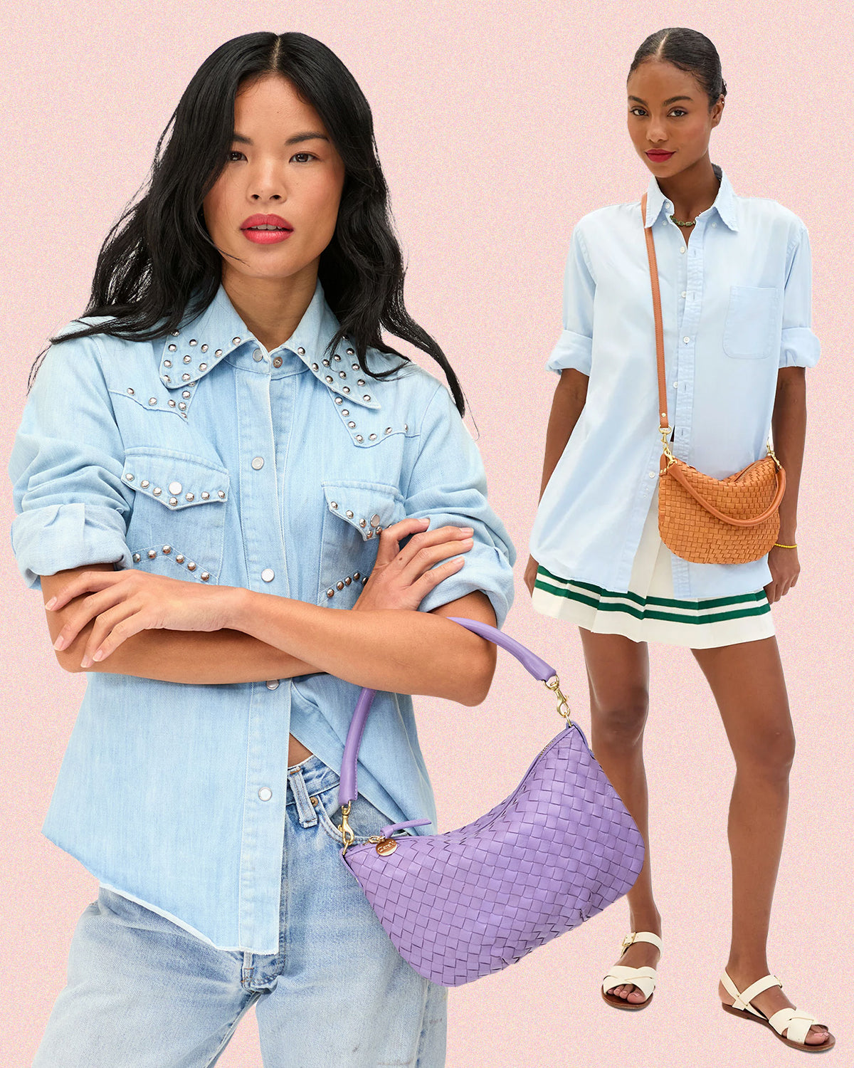 Two models carrying the Petit Moyen in Natural Woven and Jacaranda. 