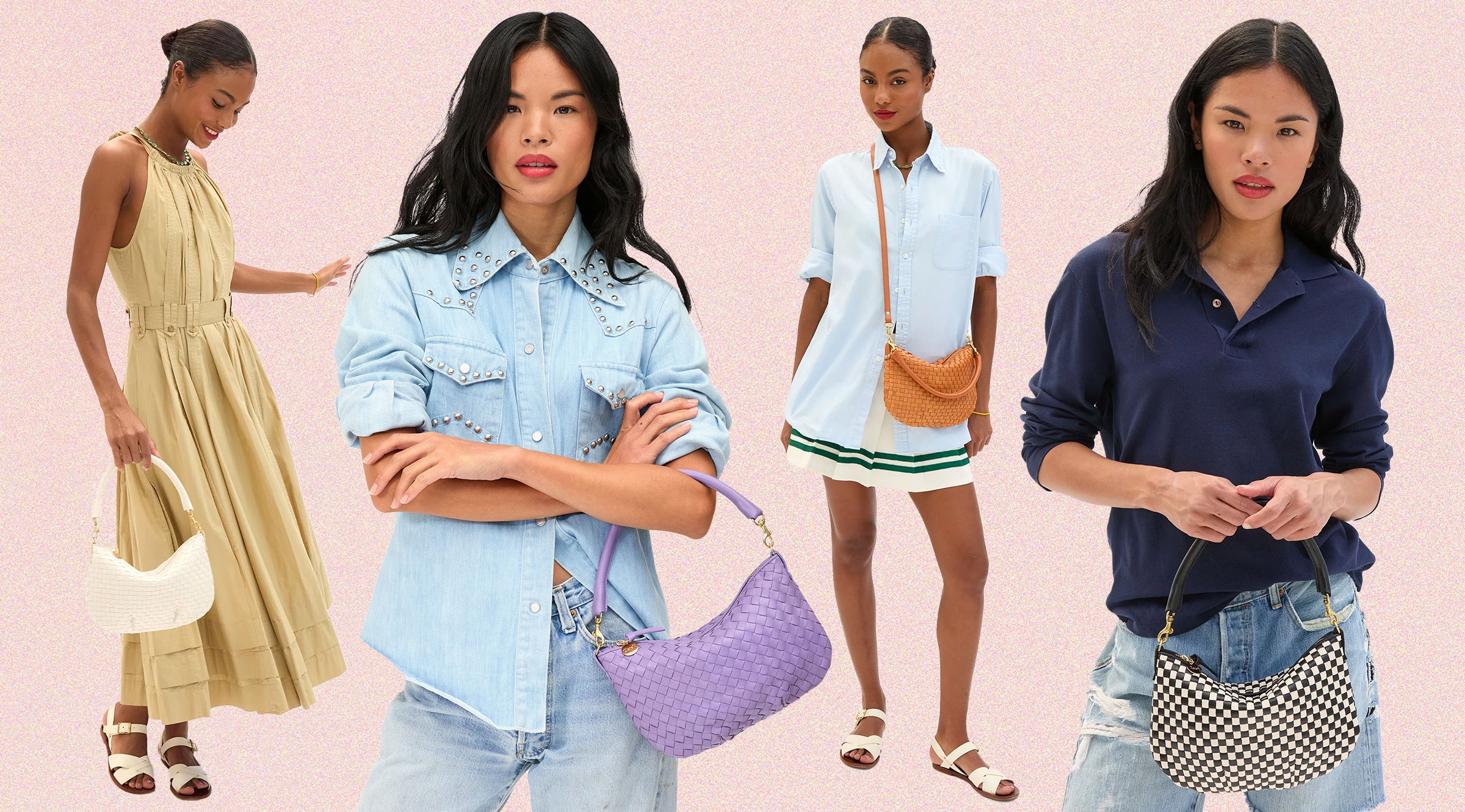 Four models carrying Petit Moyens in the following colors: Cream Woven, Jacaranda, Natural Woven, Black and Cream Checker. 