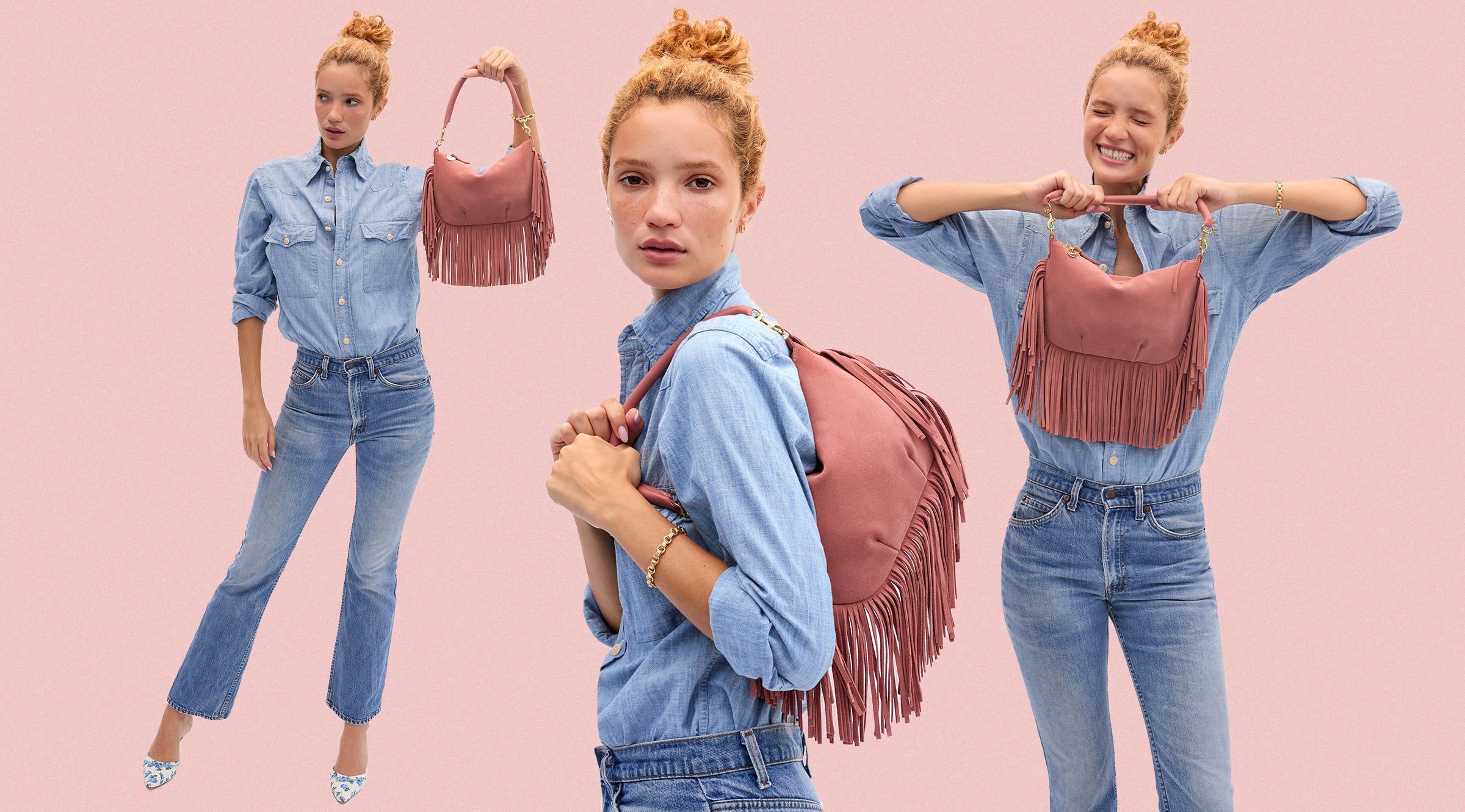 Model carrying the Rose Clay Suede Petit Moyen Messenger with Fringe.