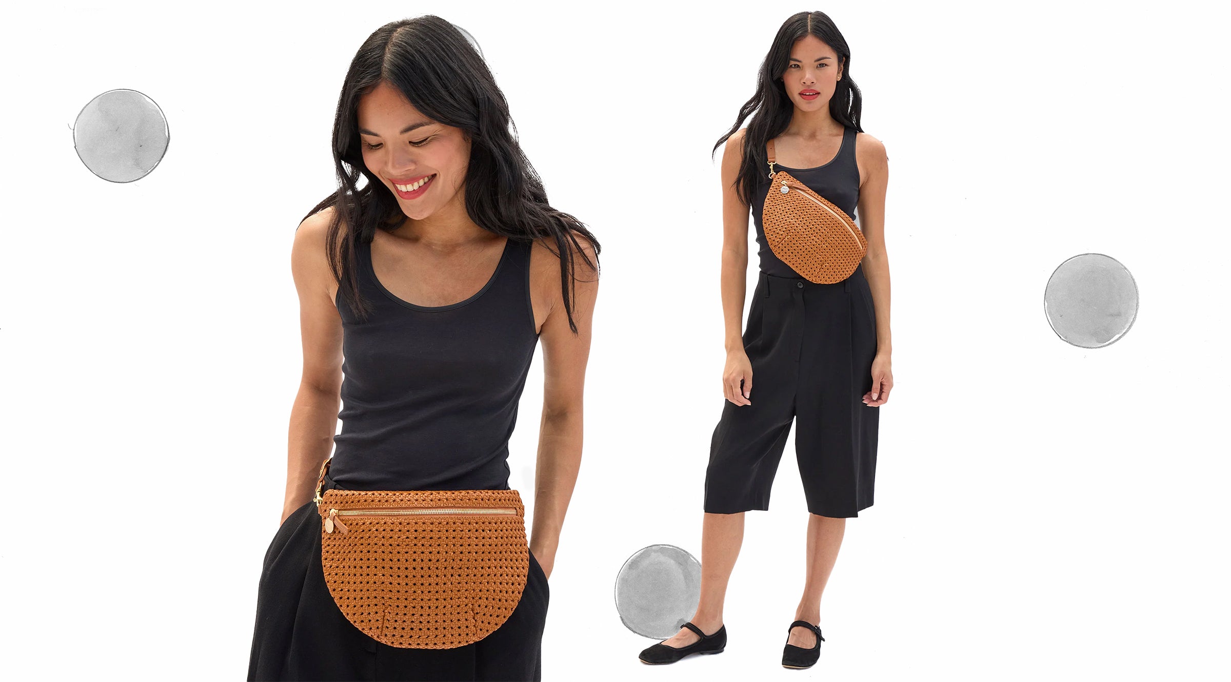 Model wearing the Tan Rattan Grande Fanny two ways - around her waist and across her chest.