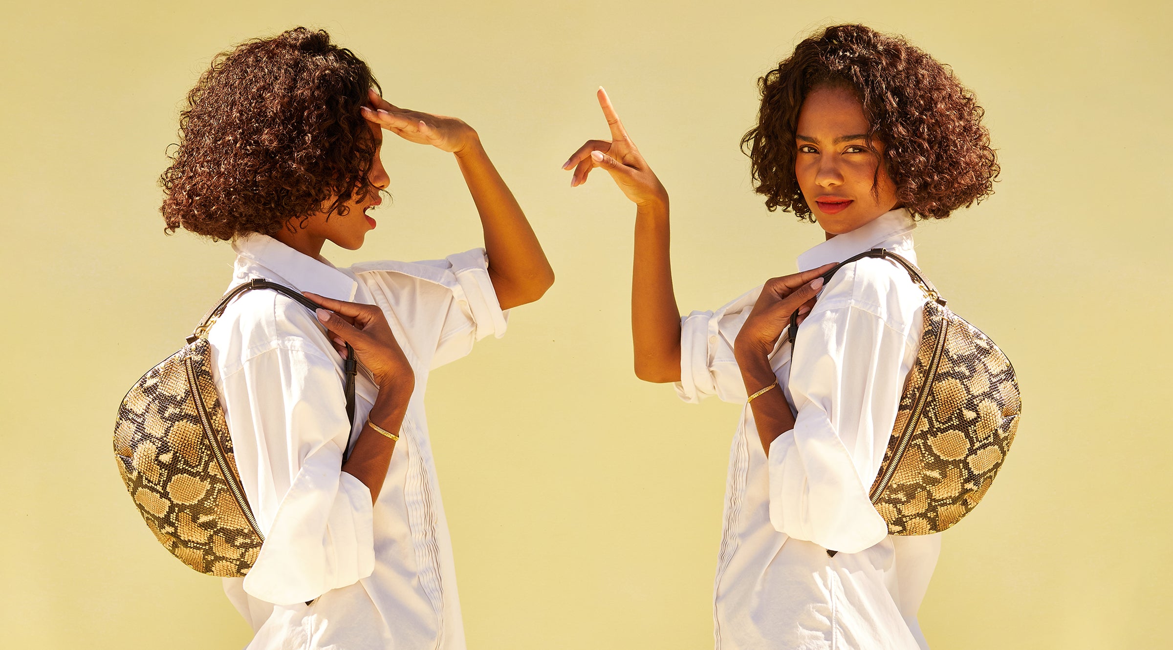 Model carrying the Grande Fanny as a shoulder bag. 