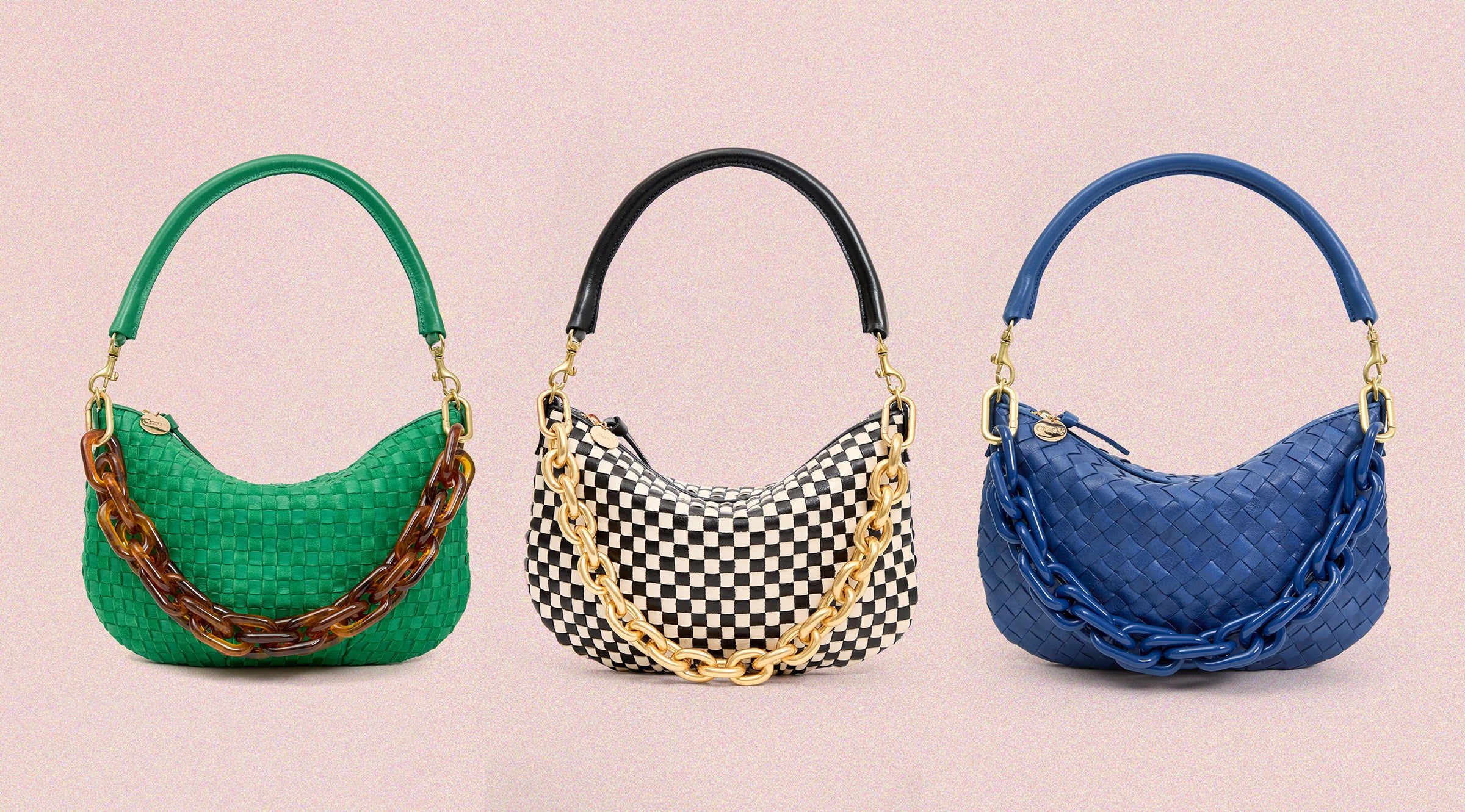 Grass Woven Petit Moyen with Tortoise Shortie Strap, Black and Cream Checker Petit Moyen with Gold Shortie Strap, and French Blue Diagonal Woven Petit Moyen with French Blue Shortie Strap.