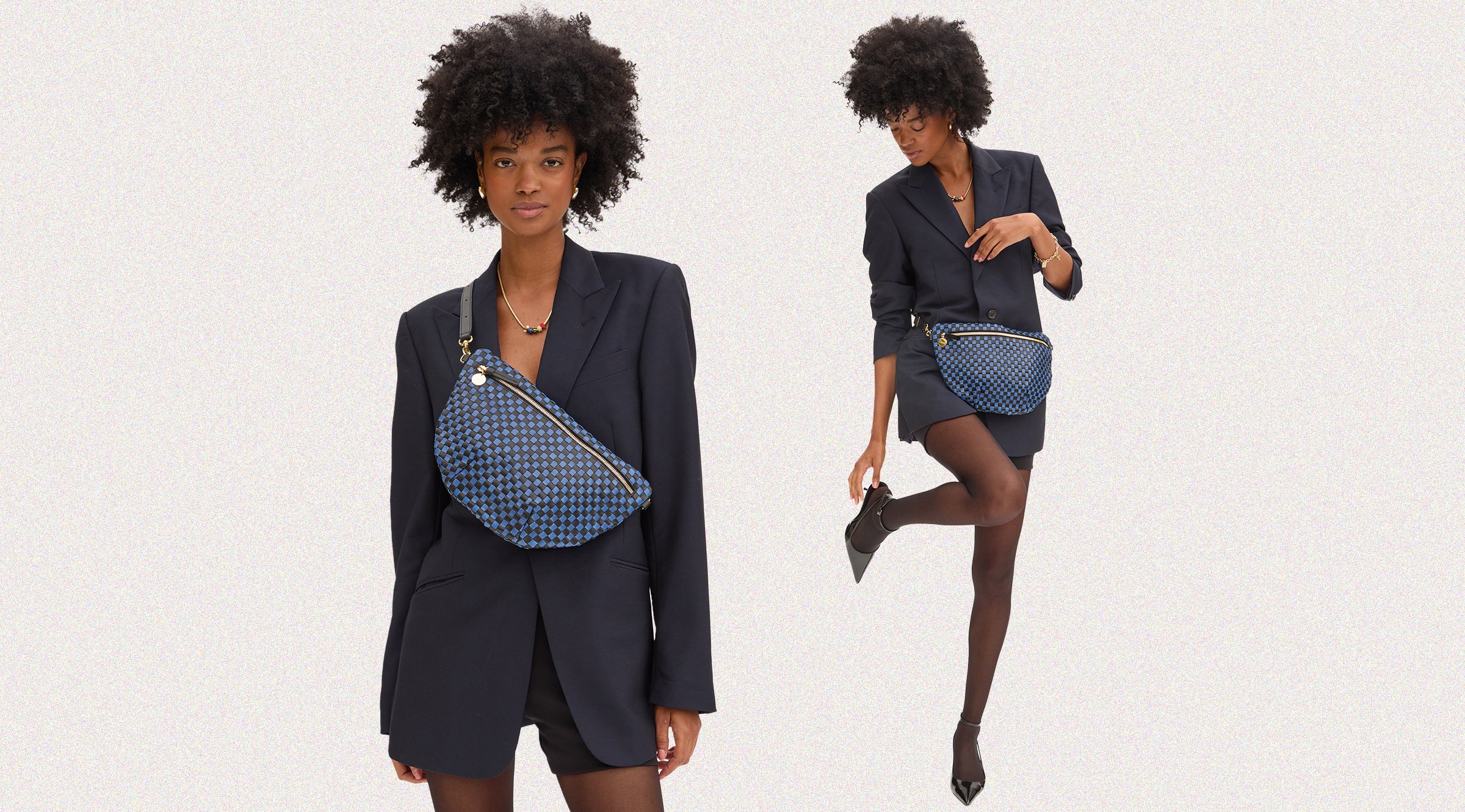 Model carrying the Black and Cobalt Grande Fanny.