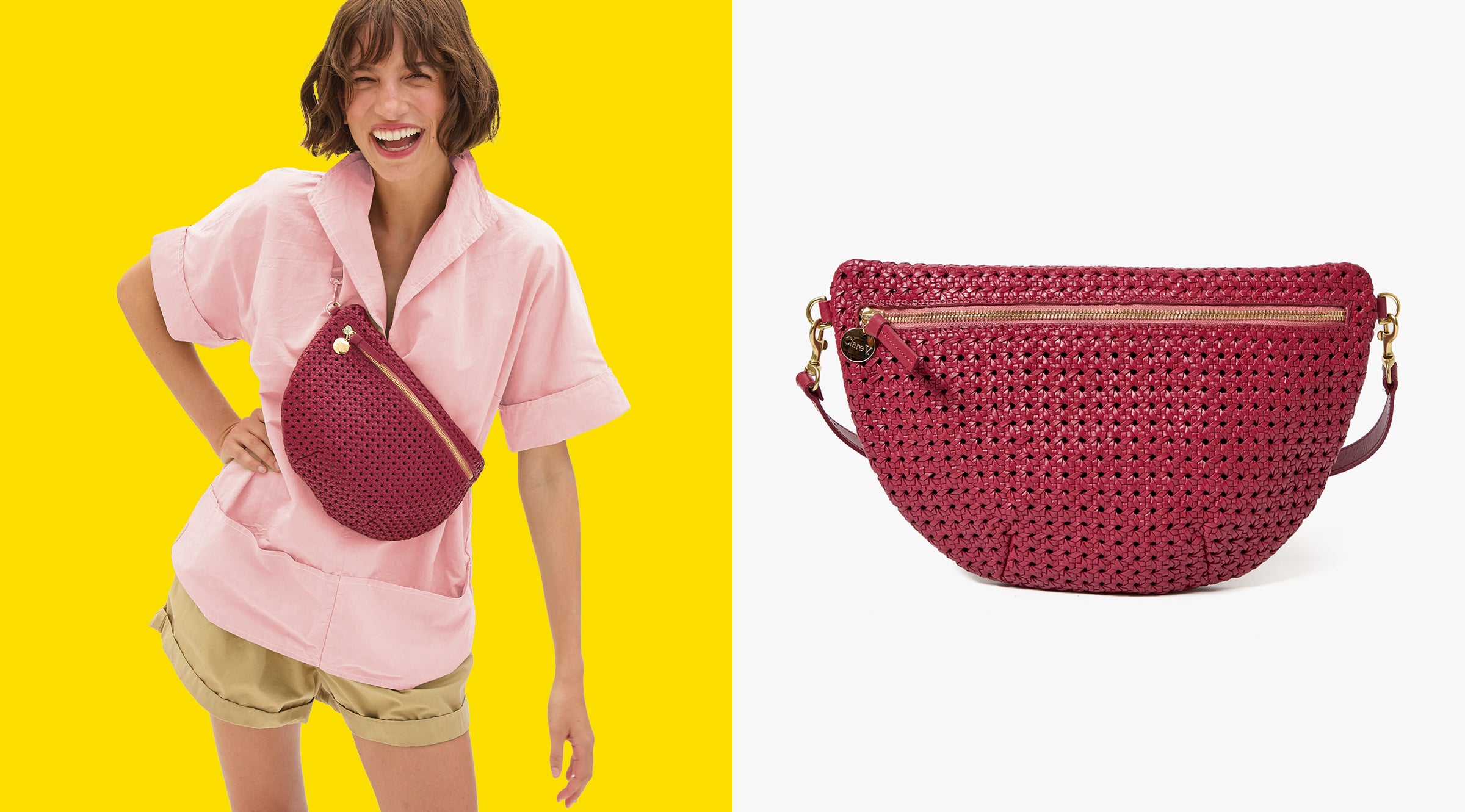 Model wearing a pink shirt and carrying the Plummy Rattan Grande Fanny over her chest. A solo image of the Plummy Rattan Grande Fanny is sitting besides her. 