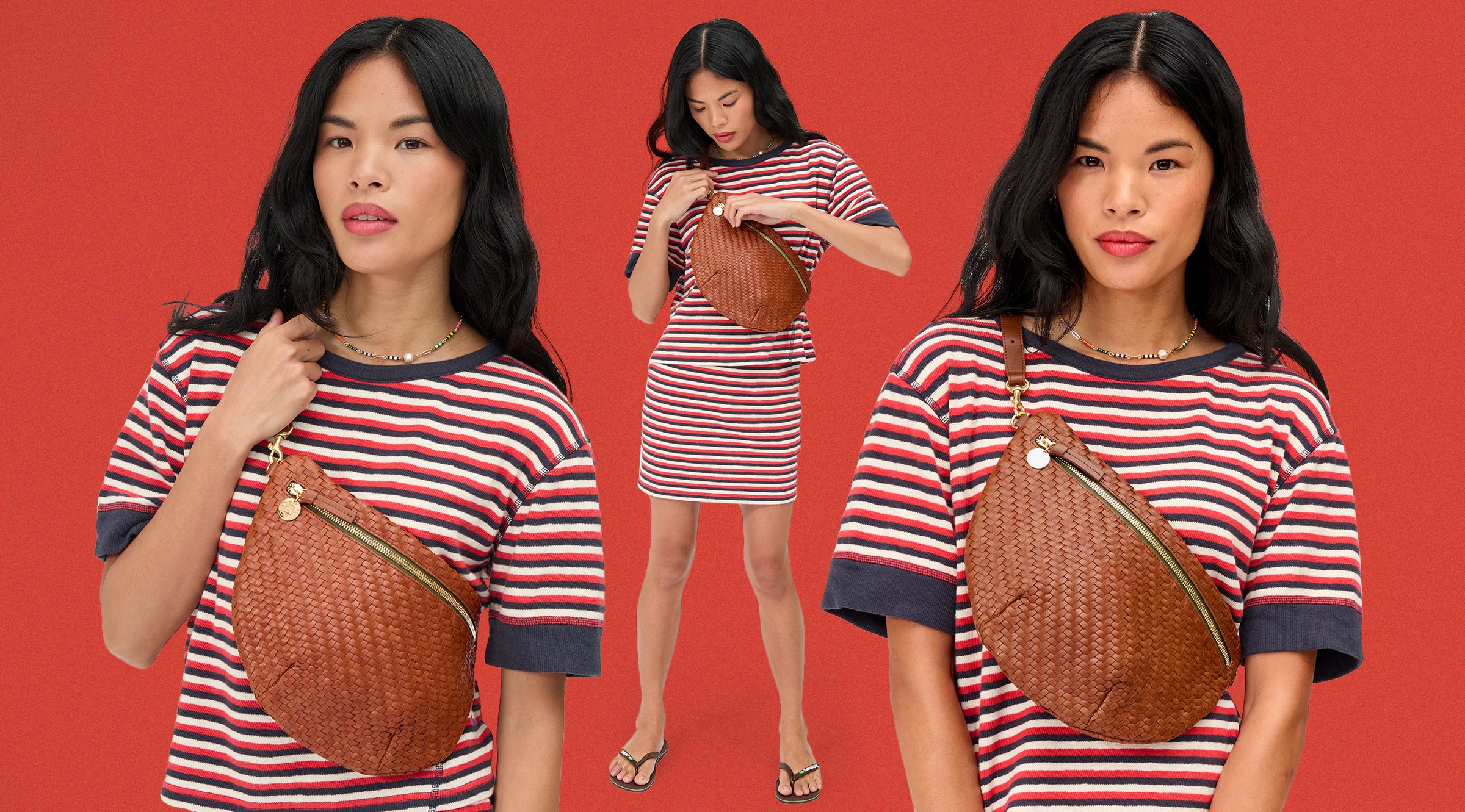Model wearing the Navy,Cherry Red,Cream Stripe Tee and Skirt with the Hazelnut Woven Grande Fanny.
