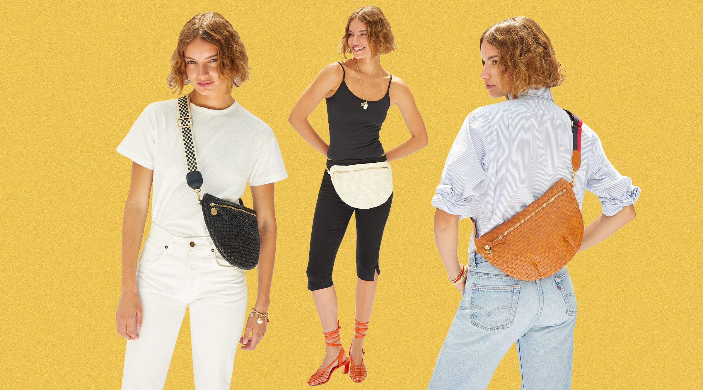 Model carrying the Black Rattan Grande Fanny three different ways. 