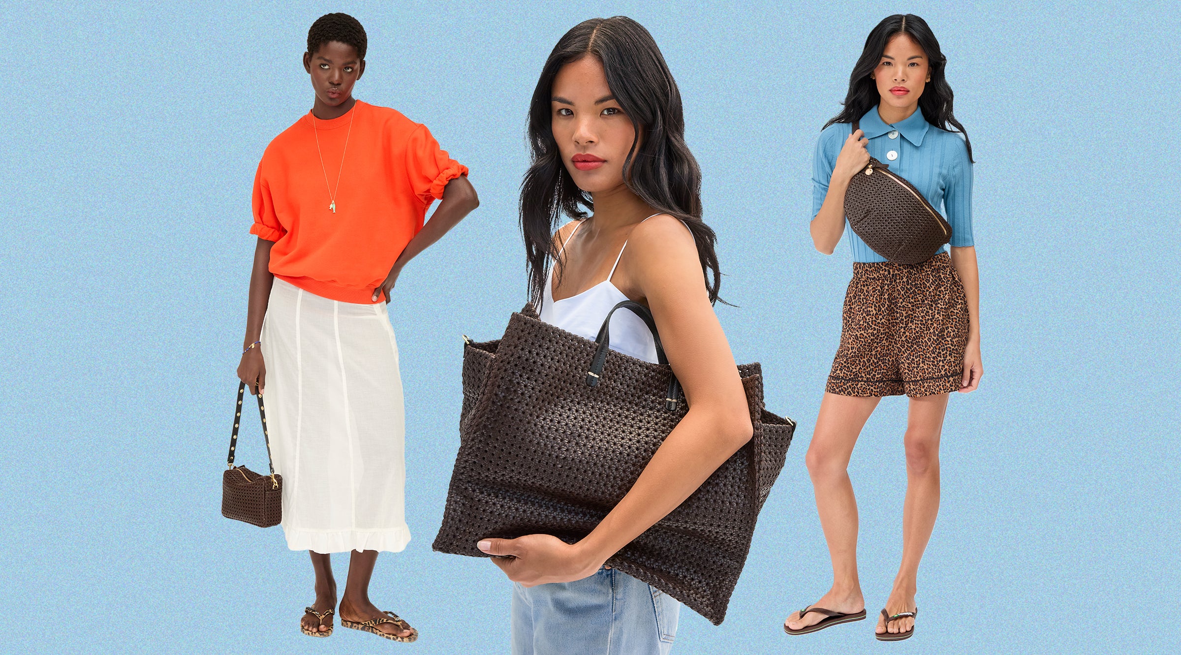 Models carrying Chocolate Rattan Handbags. 