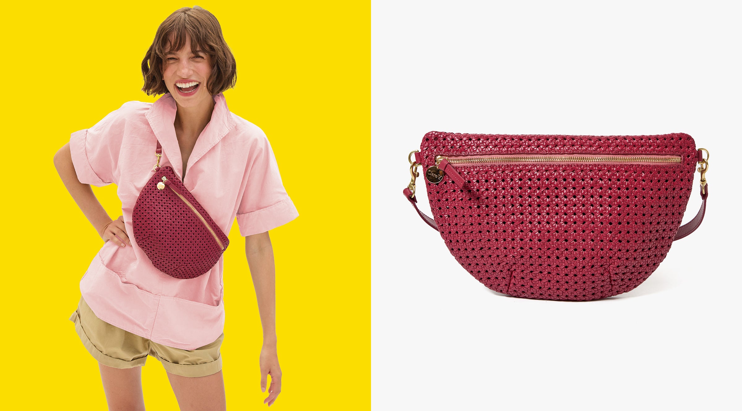 Model wearing a pink shirt and carrying the Plummy Rattan Grande Fanny over her chest. A solo image of the Plummy Rattan Grande Fanny is sitting besides her. 