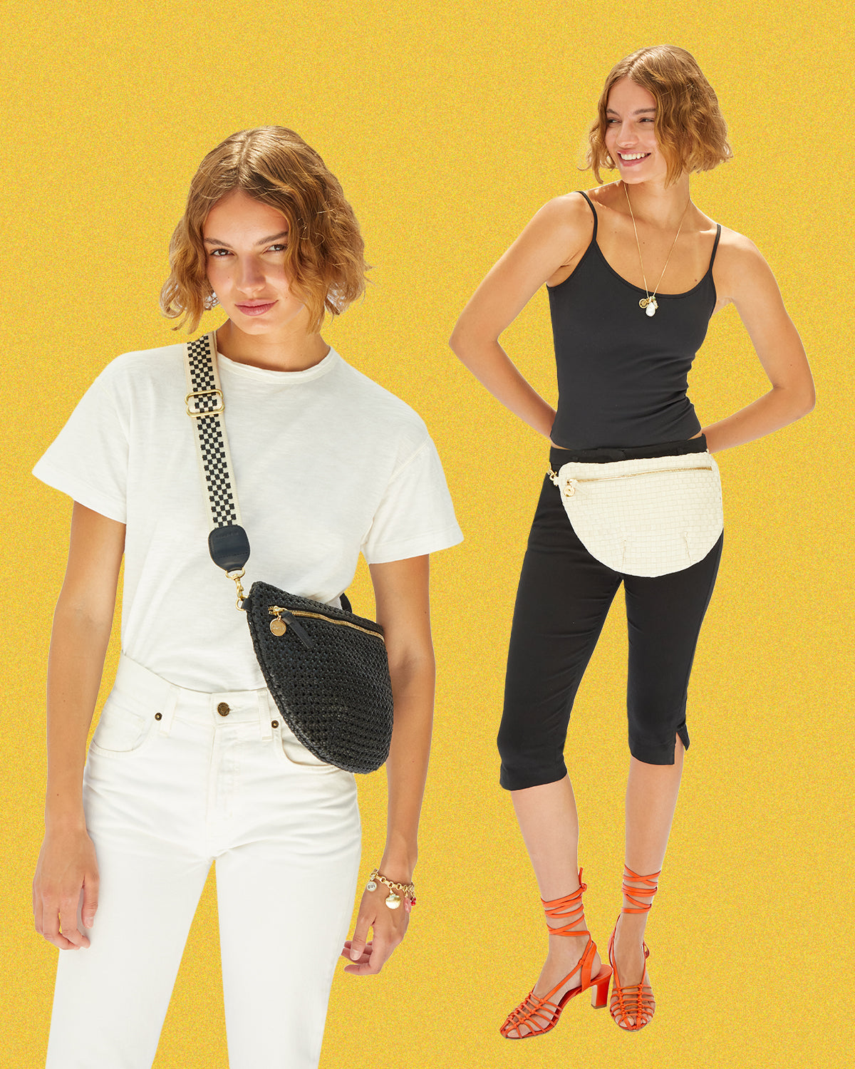 Model carrying the Grande Fanny in two different ways - around her waist and as a crossbody bag. 