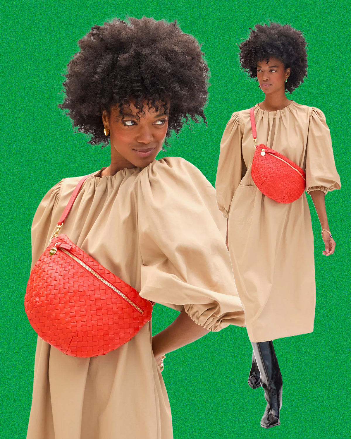 Model carrying the Bright Poppy Diagonal Woven Grande Fanny. 