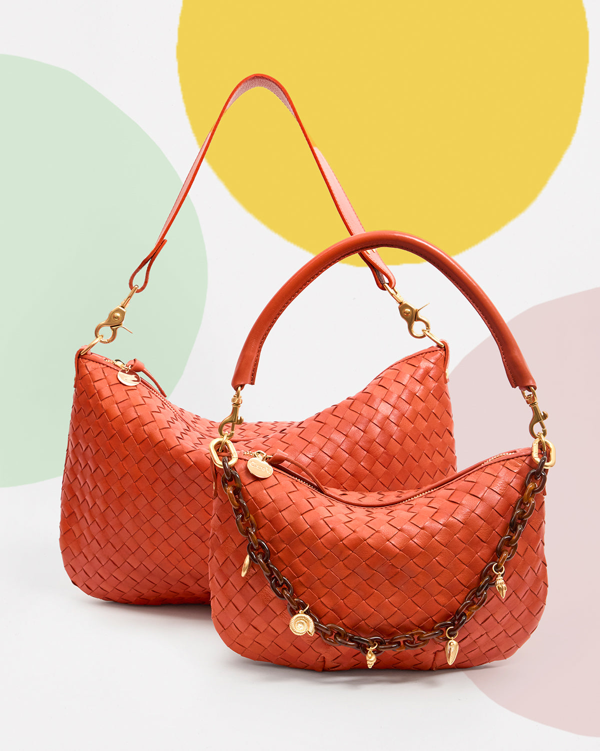 Saltillo Diagonal in Moyen Messenger and Petit Moyen. The Petit Moyen has a Tortoise Resin with Sea Charms Shortie Strap attached to it.