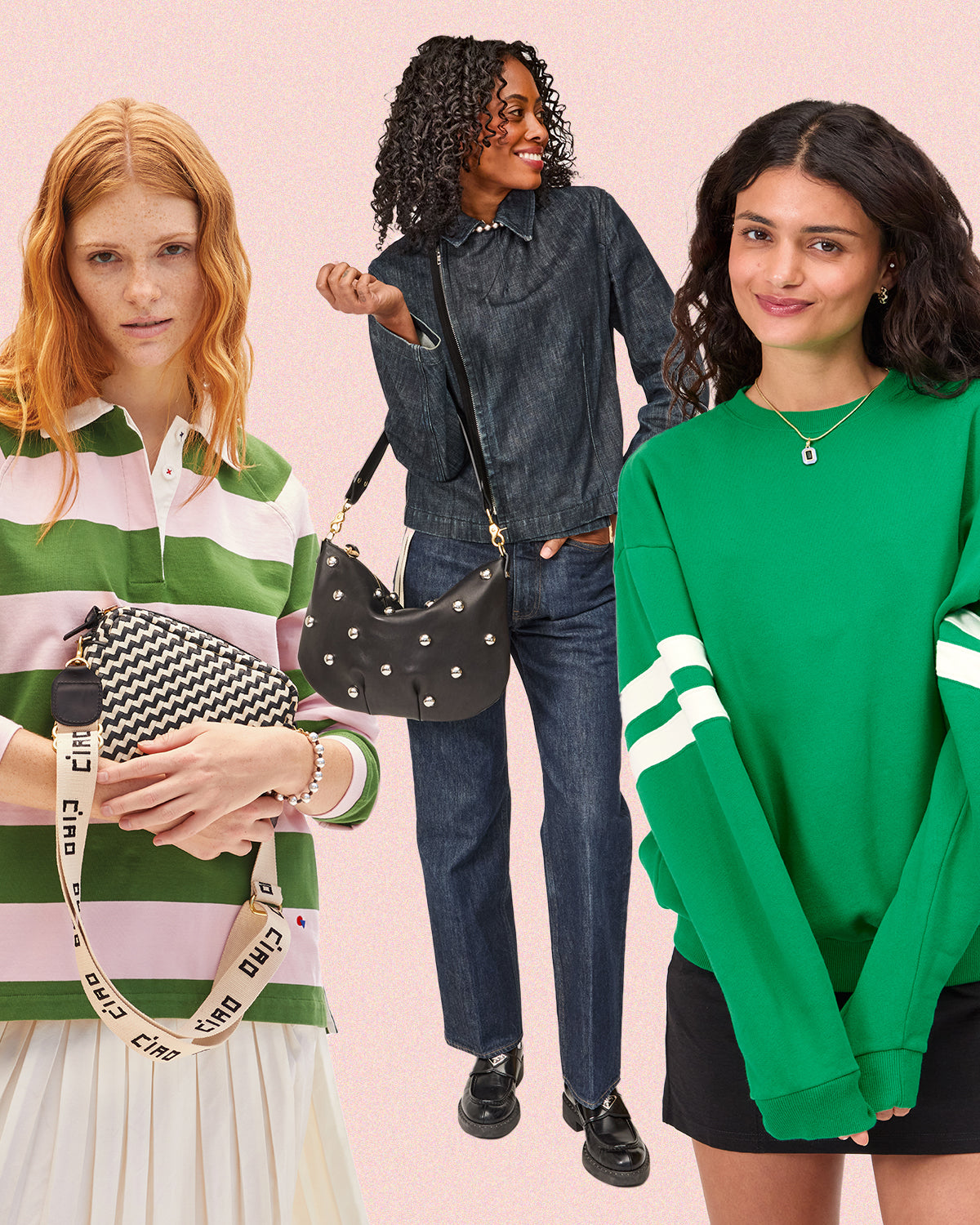 Models wearing assortment of Clare V. sale apparel and handbags. 