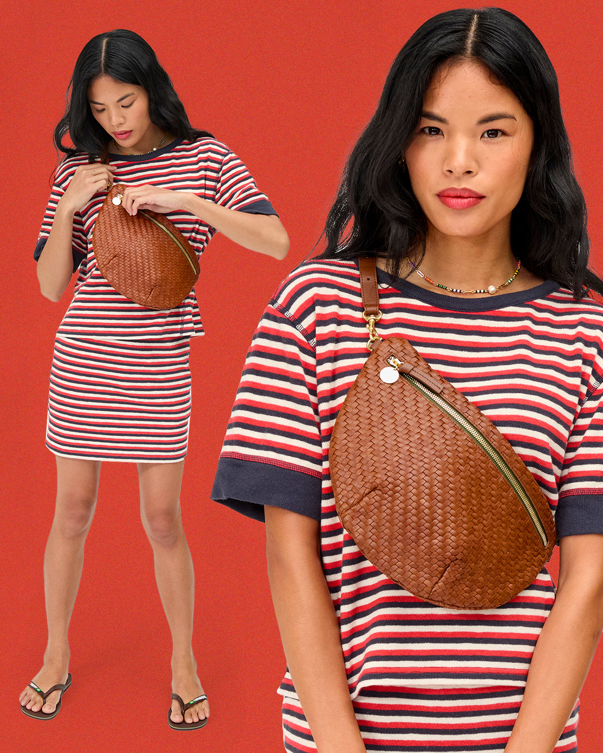 Model wearing the Navy,Cherry Red,Cream Stripe Tee and Skirt with the Hazelnut Woven Grande Fanny.
