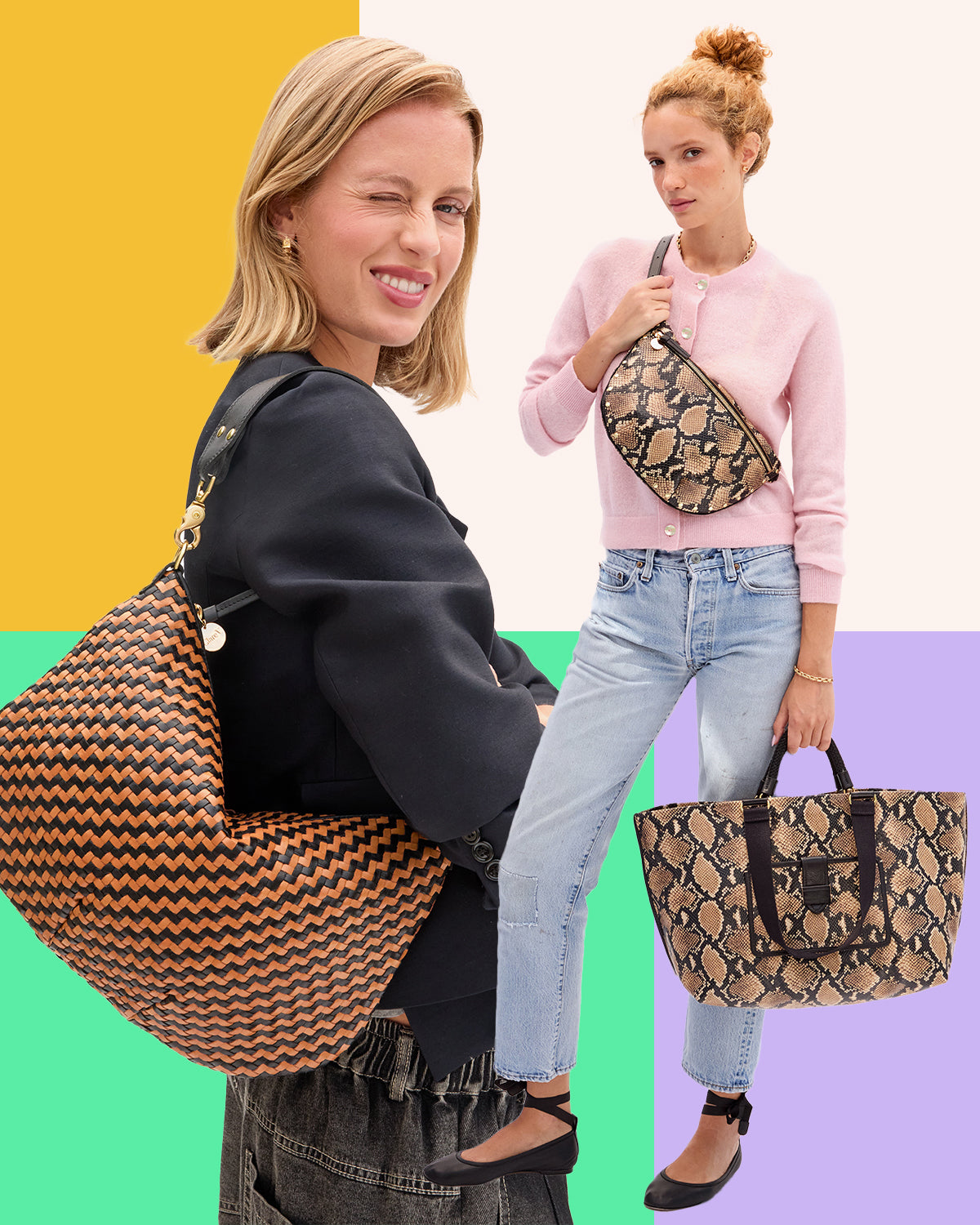 Two models carrying Clare V. sale handbags.