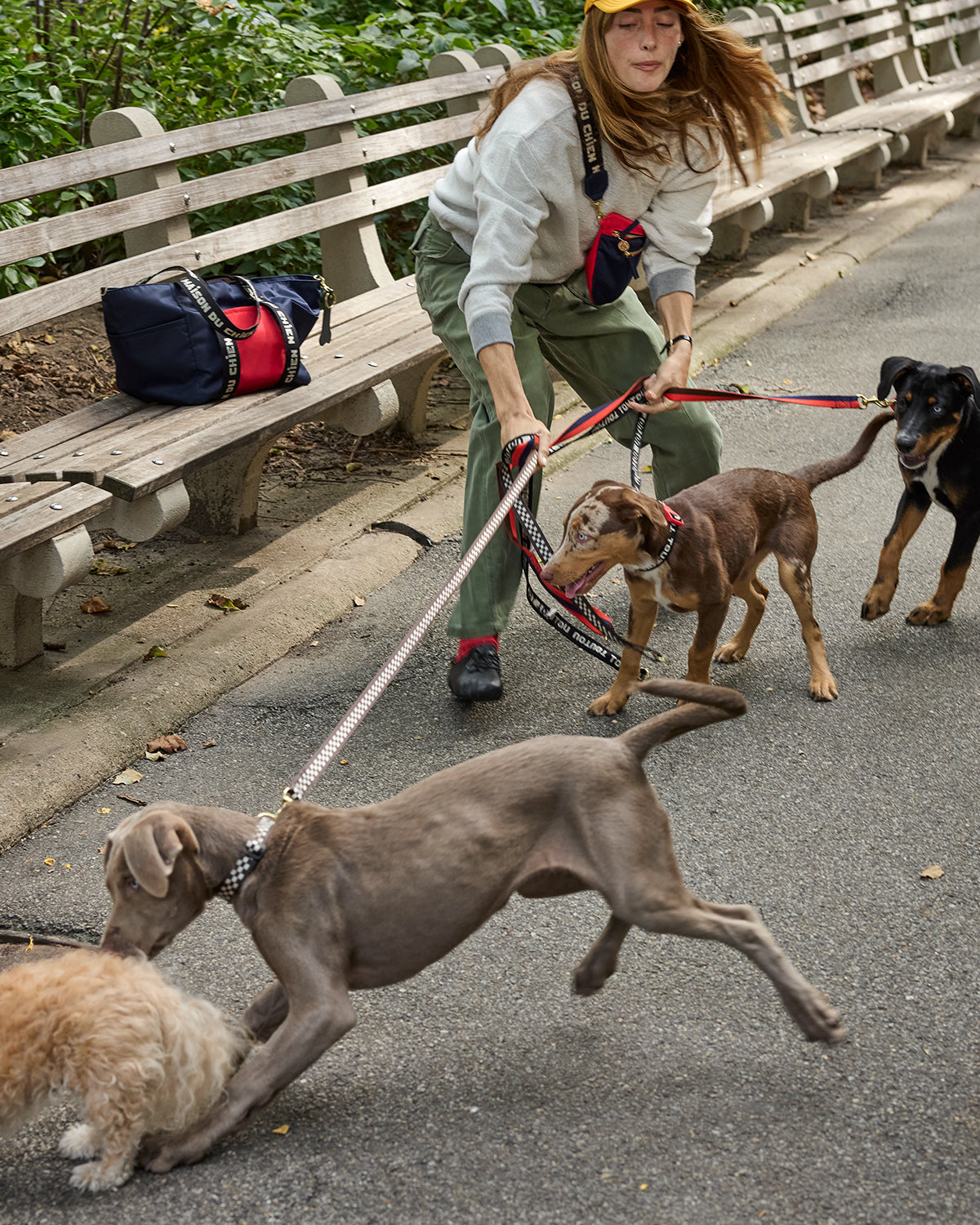 Model trying to control three very energetic dogs that appear to be puppies in a park using the CV x The Dogist leashes and collars. 