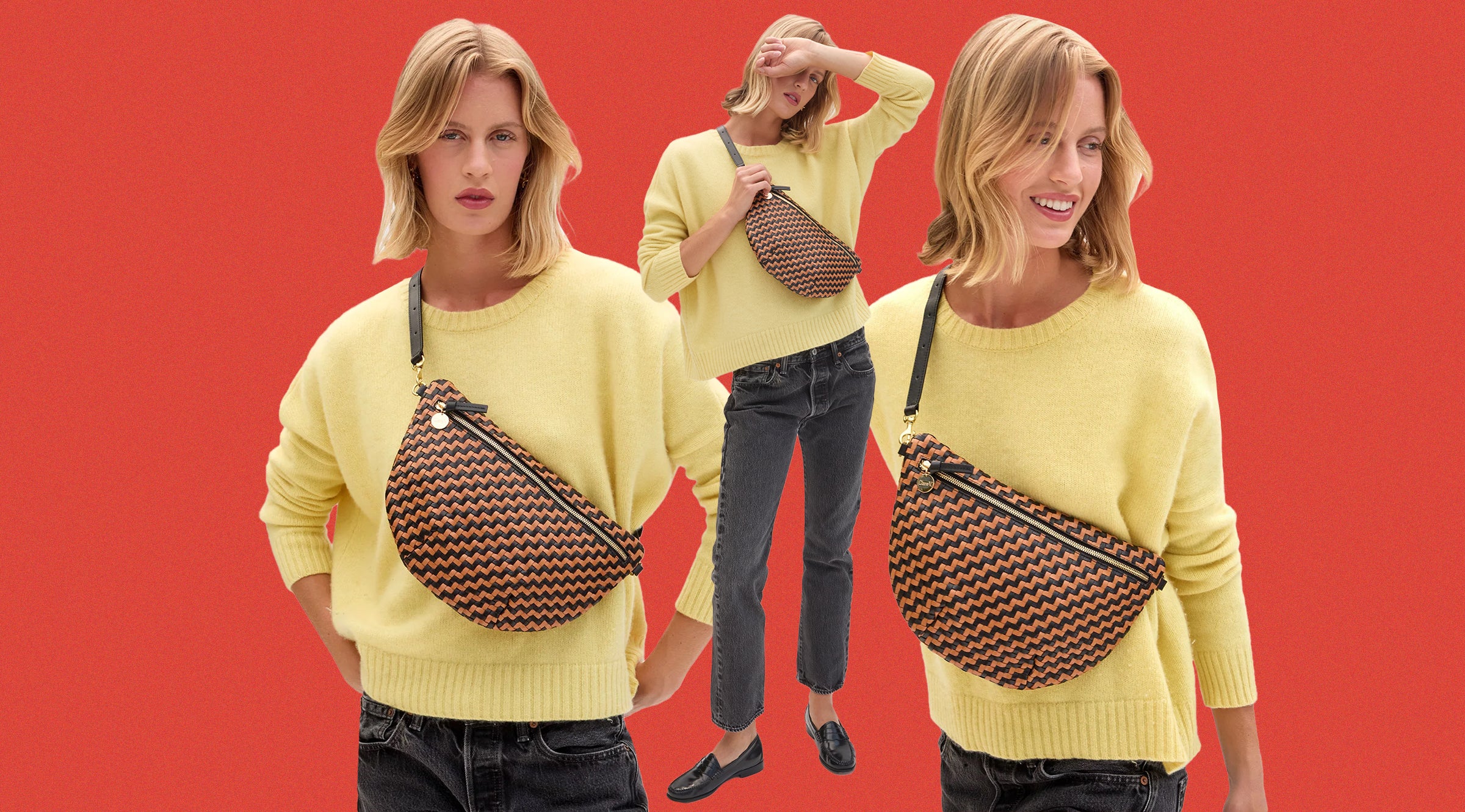 Model carrying the Black/Natural Woven Zig Zag Grande Fanny.