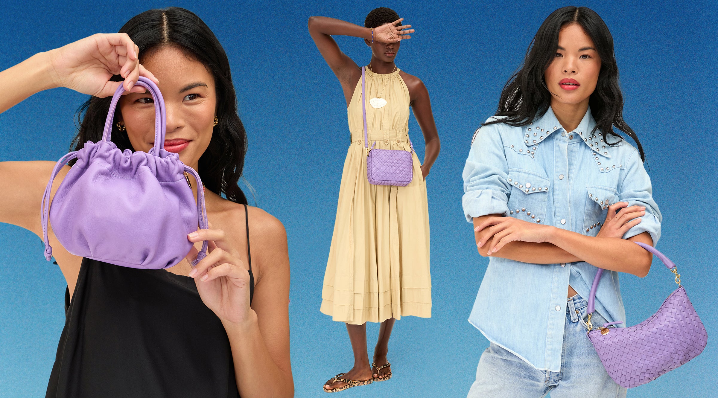 Models carrying the Jacaranda Emma with Top Handle, Jacaranda Diagonal woven Midi Sac, and Jacaranda Diagonal Woven Petit Moyen. 
