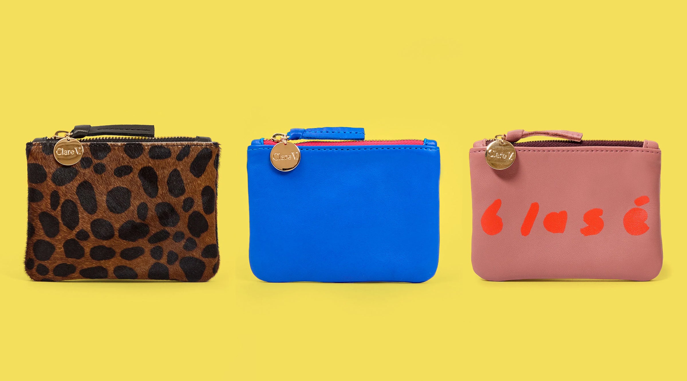 Leopard Coin Clutch, L'Été Electric Blue Coin Clutch, and Rose Clay Blasé Coin Clutch.