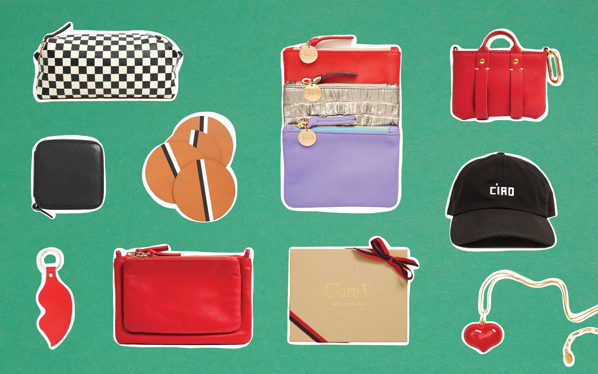 Assortment of Clare V. products. Items featured: Black Petit Zip Wallet, Lips Keychain, Black and Cream Checkered Toiletry Case, Cuoio with Stripes Coasters, Coin Clutches in three colors, Ciao Baseball Hat, Enamel Mylar Heart Charm with Gold Chain, Rouge Trop Bébé, and a small Clare V. gift box. 