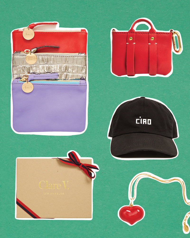 Assortment of Clare V. product. Items featured:  Coin Clutches in three colors, Ciao Baseball Hat, Enamel Mylar Heart Charm with Gold Chain, Rouge Trop Bébé, and a small Clare V. gift box. 