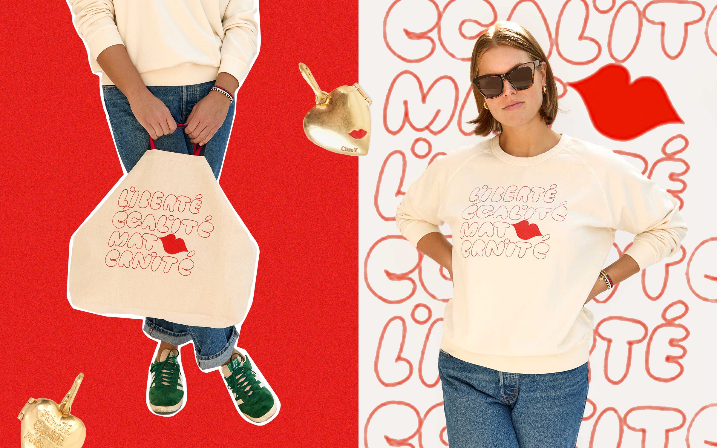 Sonnie wearing the Cream w/ Liberté Ègalité Maternité Sweatshirt with jeans and a close up of Sonnie carrying the new EMC Jumbo Tote.