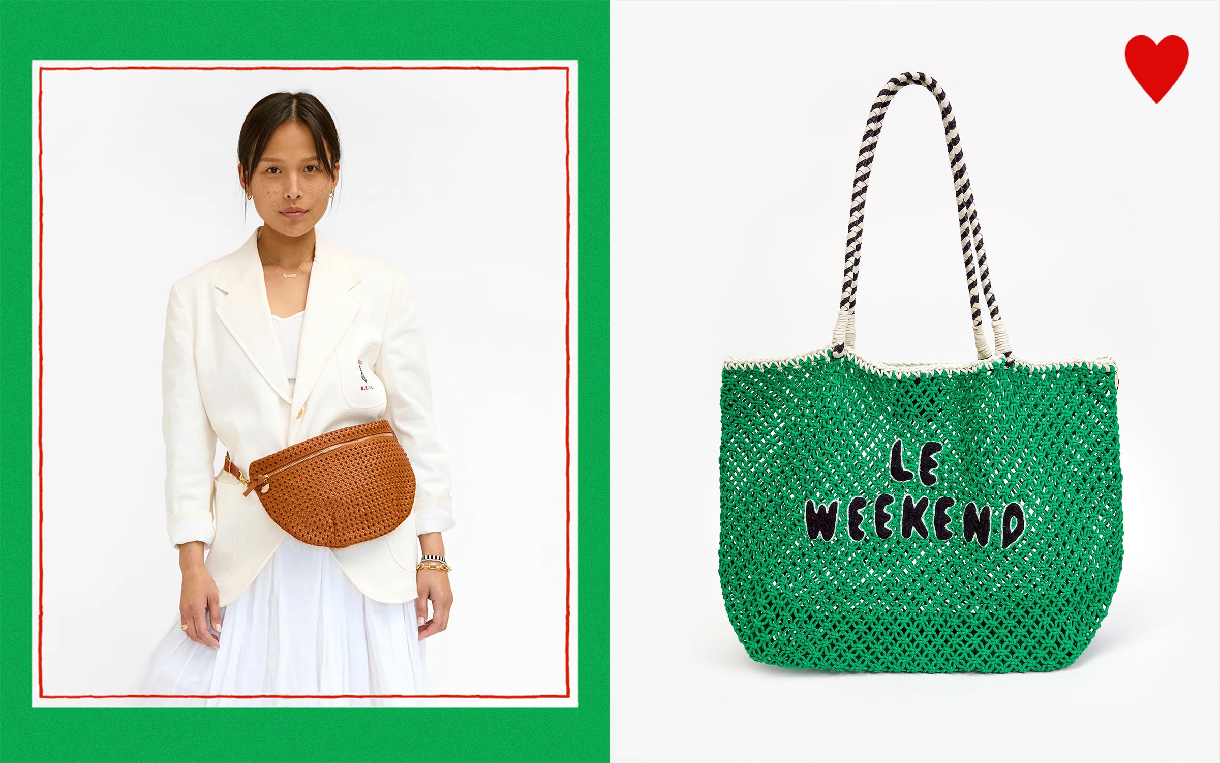 Model wearing the Tan Rattan Grande Fanny around her waist and an image of the Green with Black Le Weekend L'Été Tote besides her.  