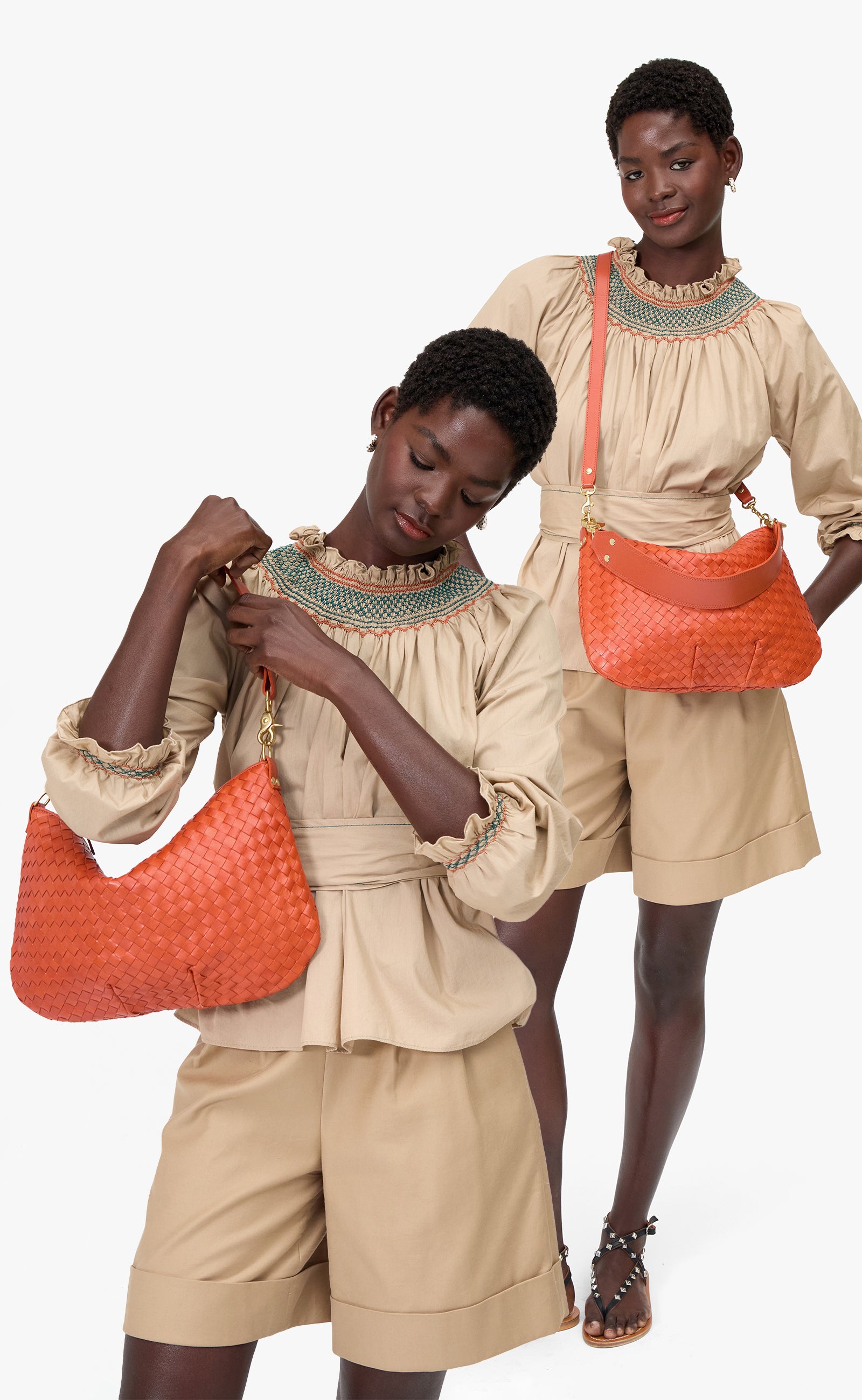 Model wearing the Saltillo Diagonal Woven Moyen Messenger two-ways; as a shoulder bag and as a crossbody bag.
