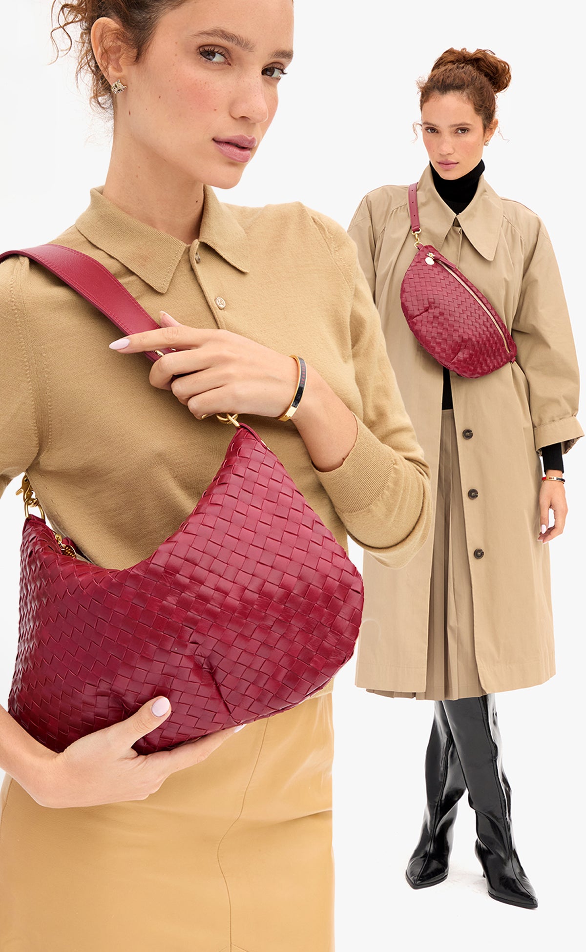 Model carrying the Garnet Diagonal Woven Moyen Messenger as a shoulder bag and Garnet Diagonal Woven Grande Fanny that sits across her chest. 