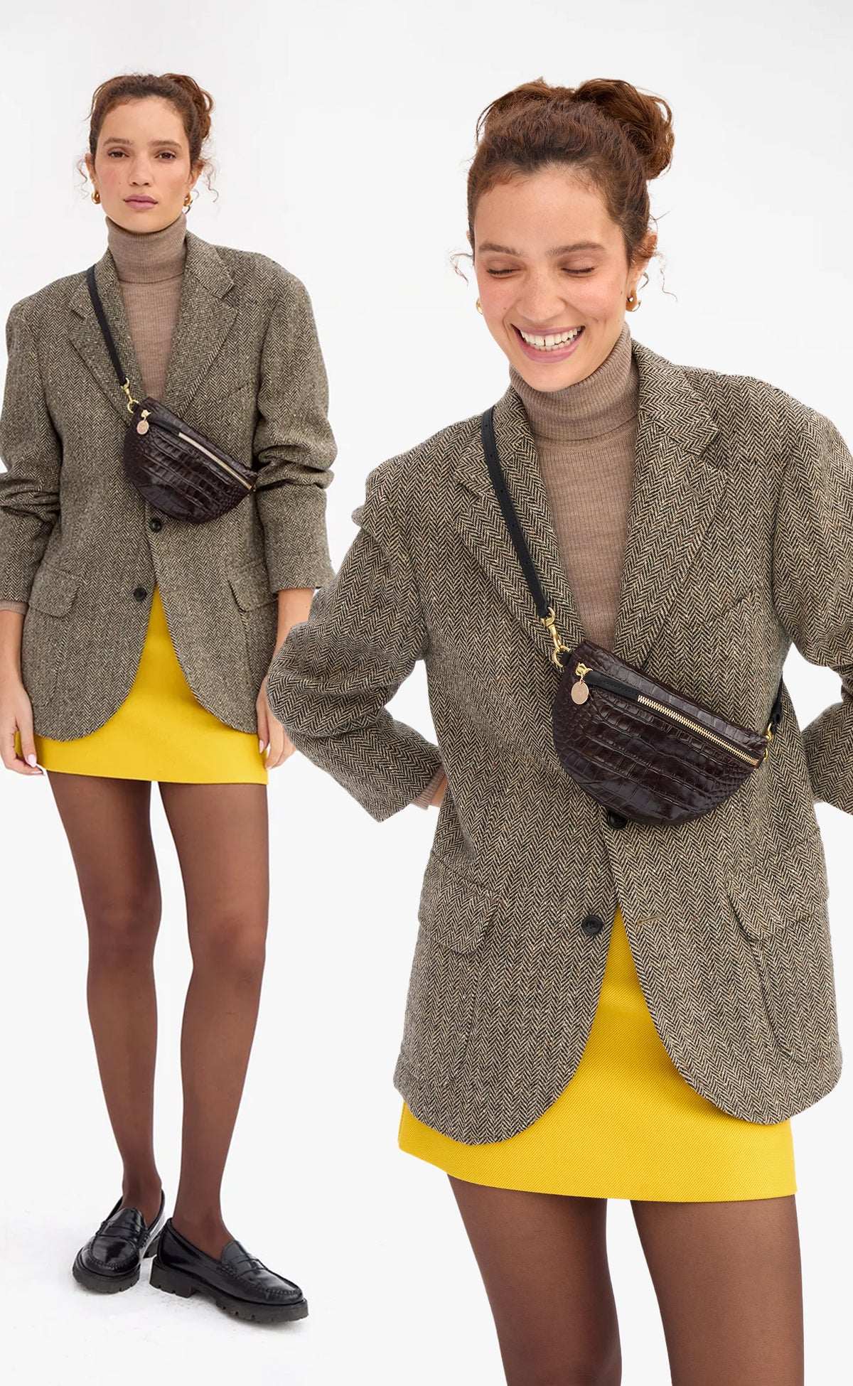 Model wearing a brown tweed blazer with brown turtleneck underneath and marigold skirt. Model is carrying the Mahogany Embossed Croco Petite Fanny across her chest. 
