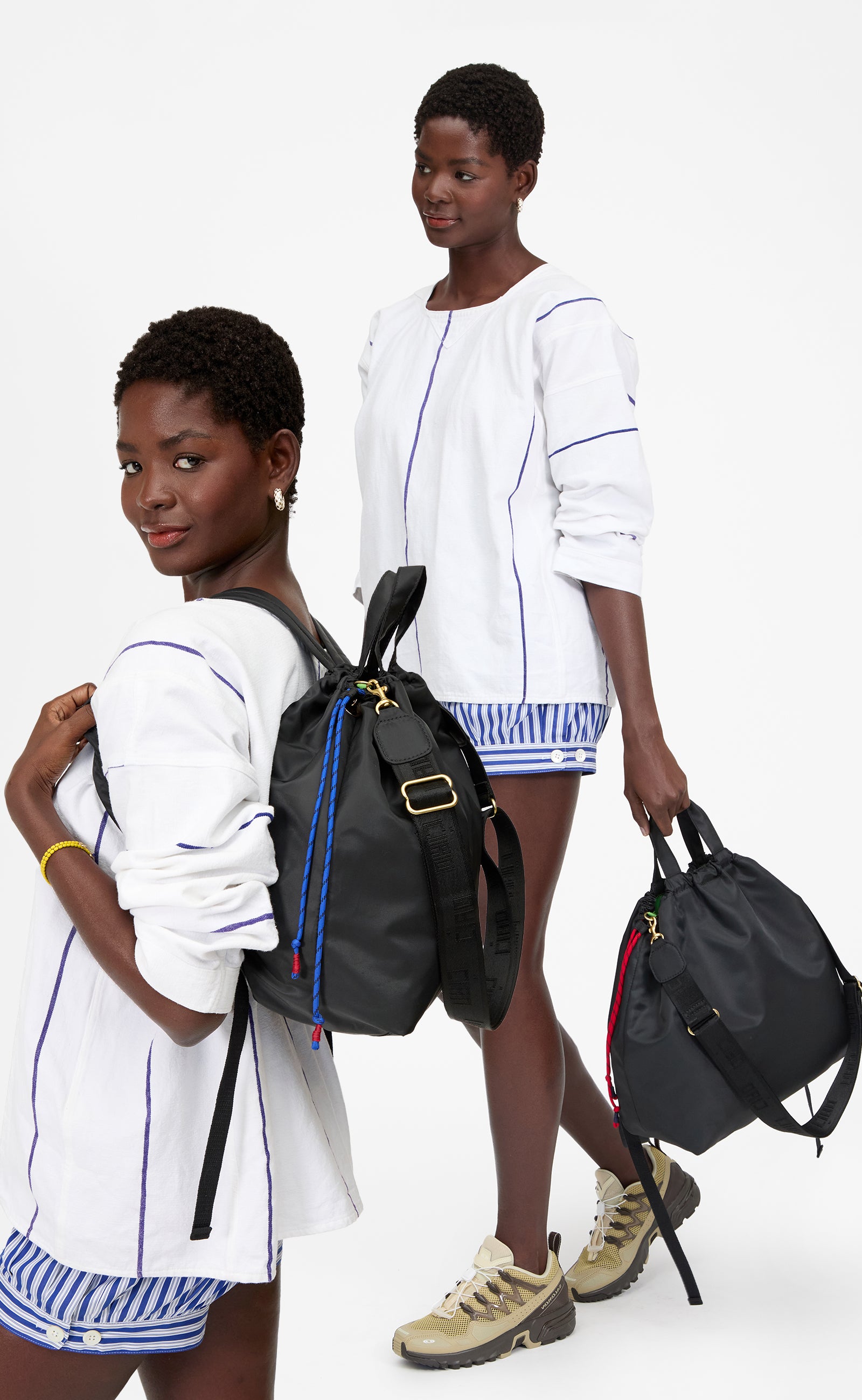 Model carrying the Black Nylon Sac Tout Backpack.