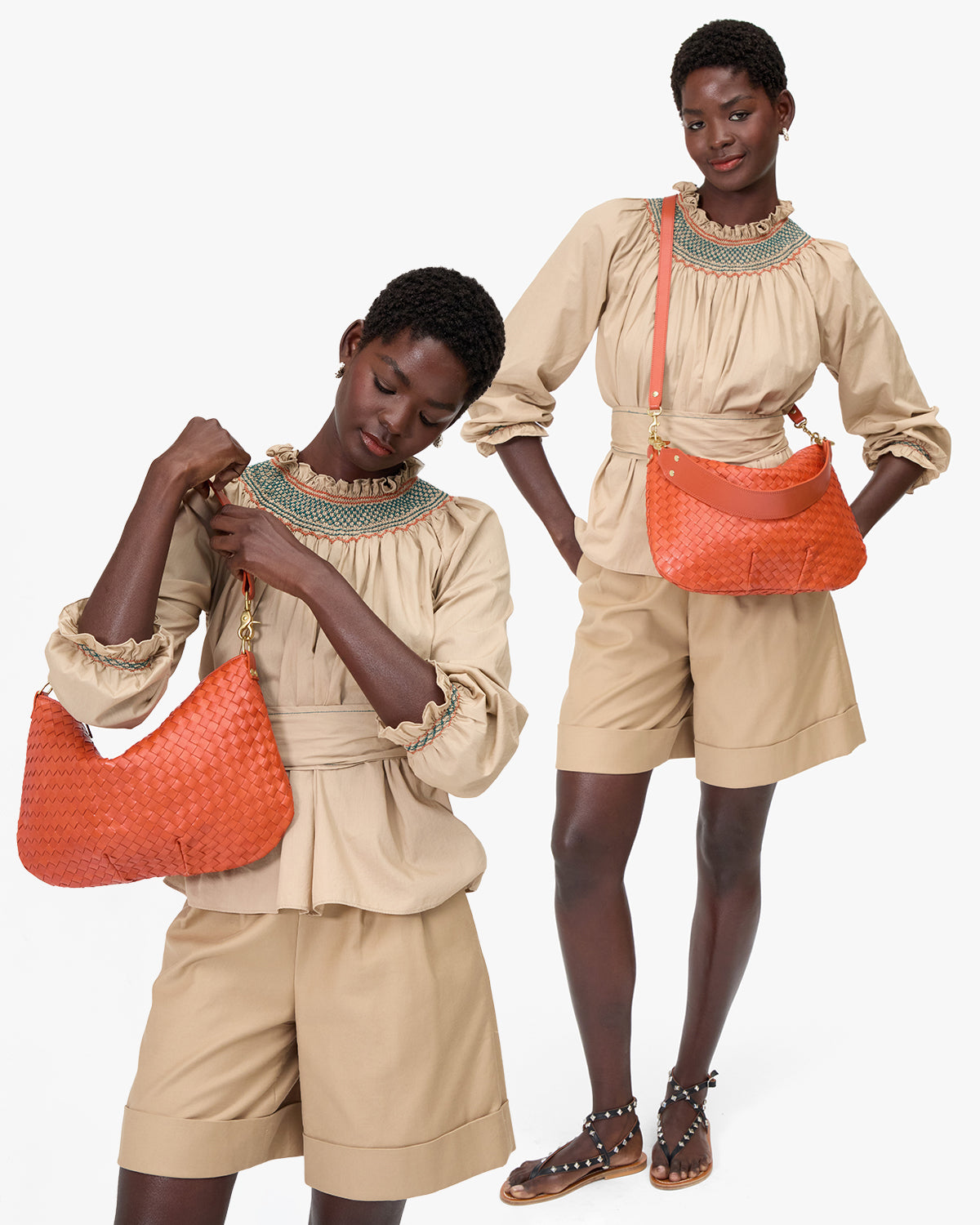 Model wearing the Saltillo Diagonal Woven Moyen Messenger two-ways; as a shoulder bag and as a crossbody bag.
