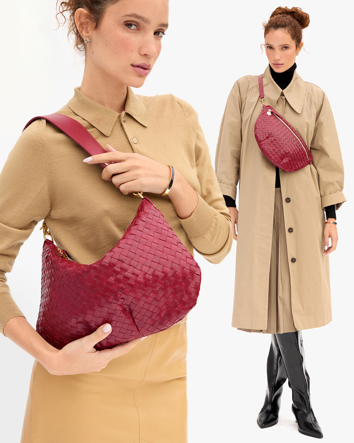 Model carrying the Garnet Diagonal Woven Moyen Messenger as a shoulder bag and Garnet Diagonal Woven Grande Fanny that sits across her chest. 