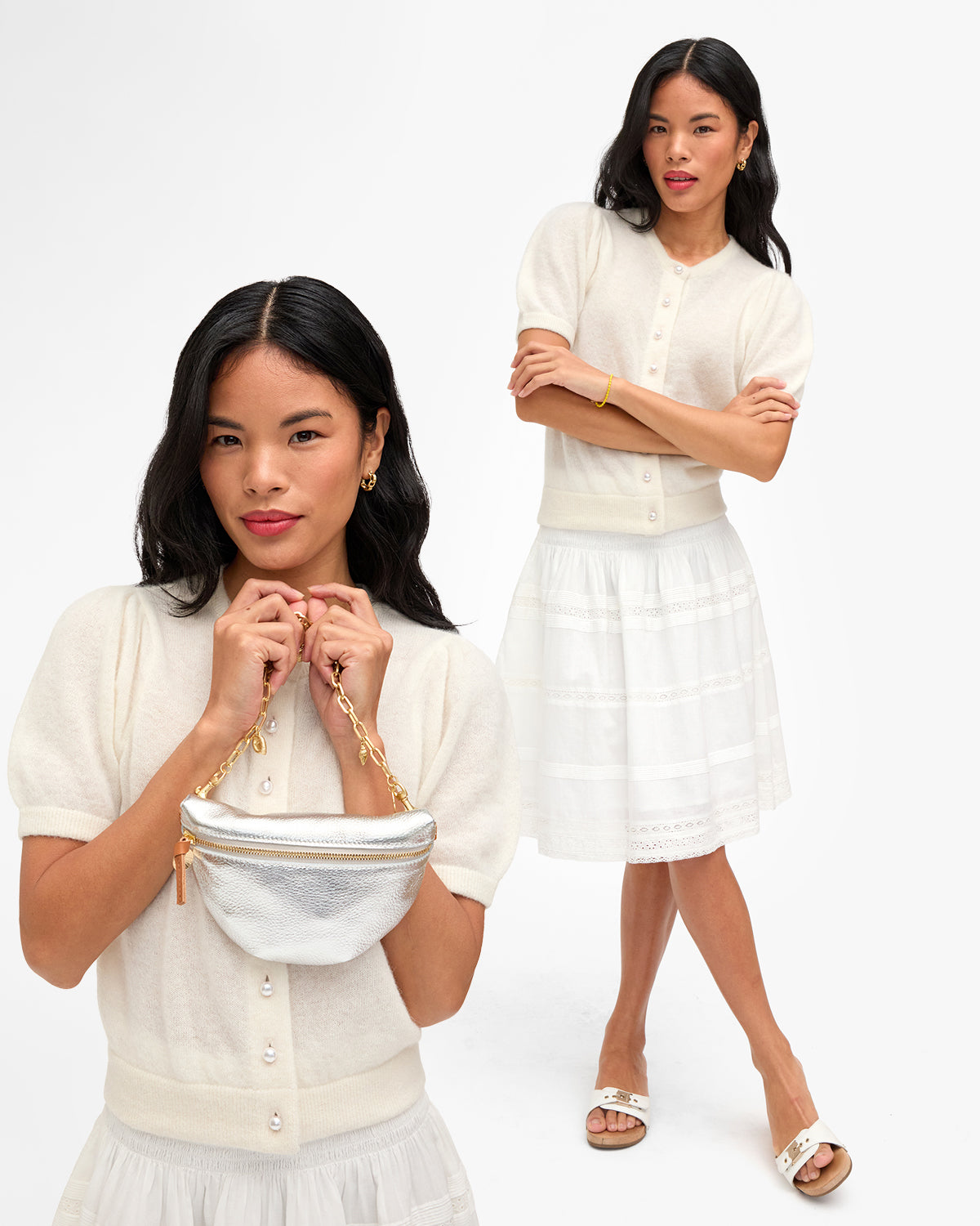 Model wearing the Cream Stella Cardigan with Cream Zoe Court Skirt and holding the Silver Petite Fanny with Gold Oval Link with Sea Charms Shortie Strap.