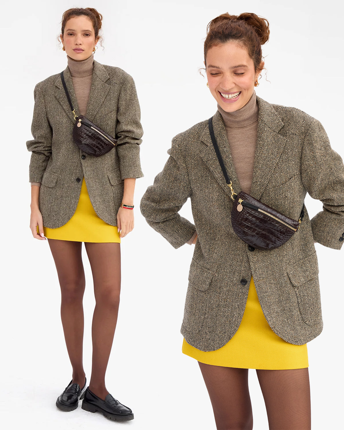 Model wearing a brown tweed blazer with brown turtleneck underneath and marigold skirt. Model is carrying the Mahogany Embossed Croco Petite Fanny across her chest. 