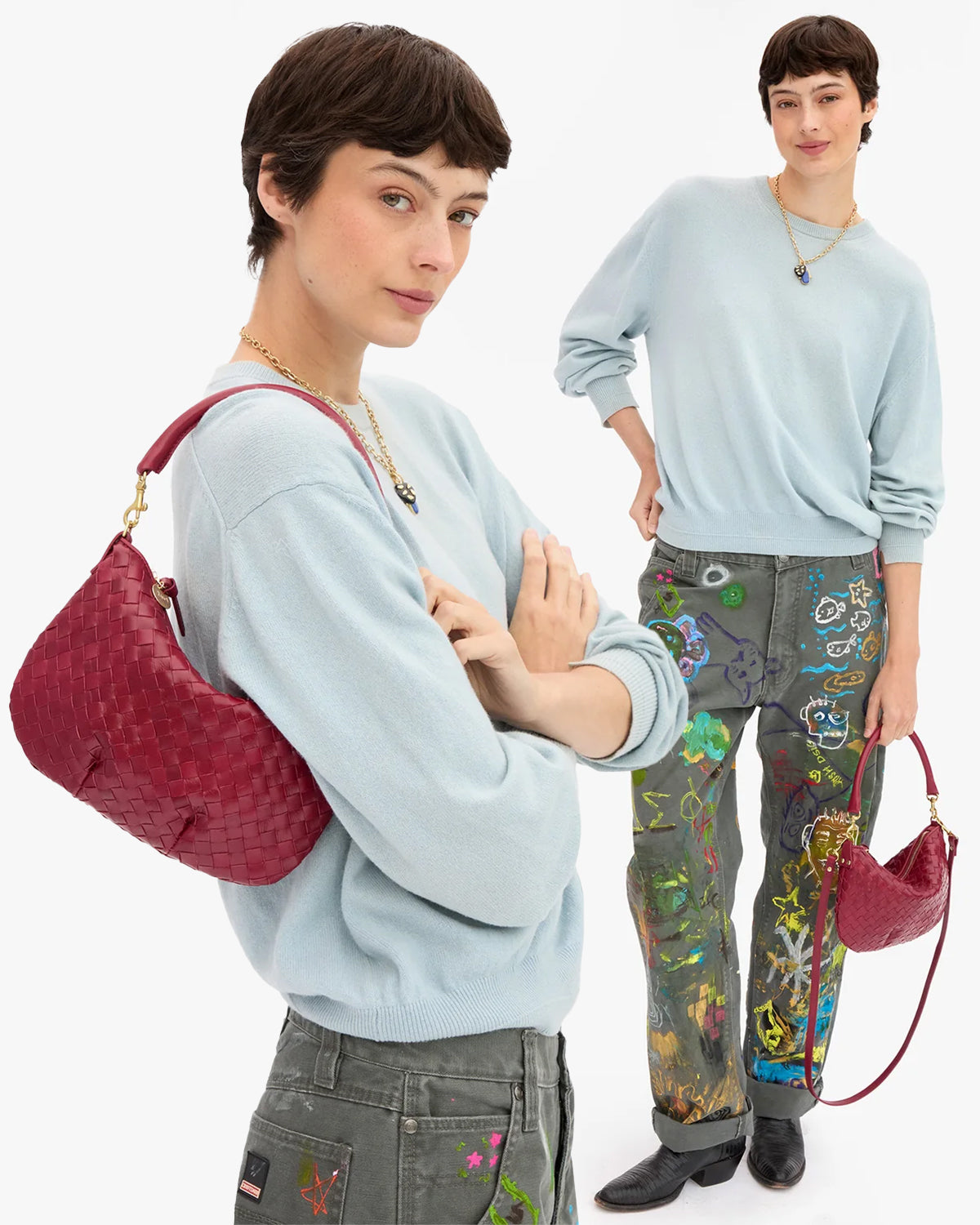 Model carrying the Garnet Diagonal Woven Petit Moyen as a shoulder bag and top handle bag. 