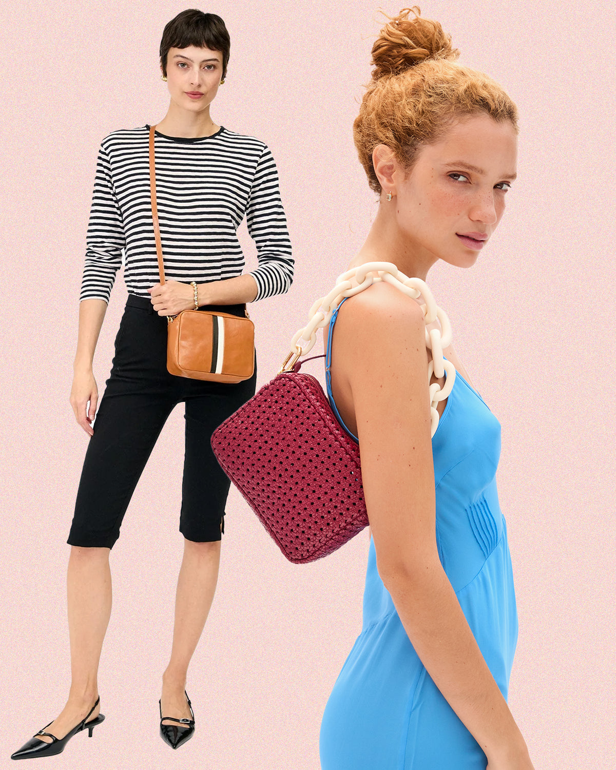 Two models carrying the Midi Sac as a shoulder bag and as a crossbody bag. 