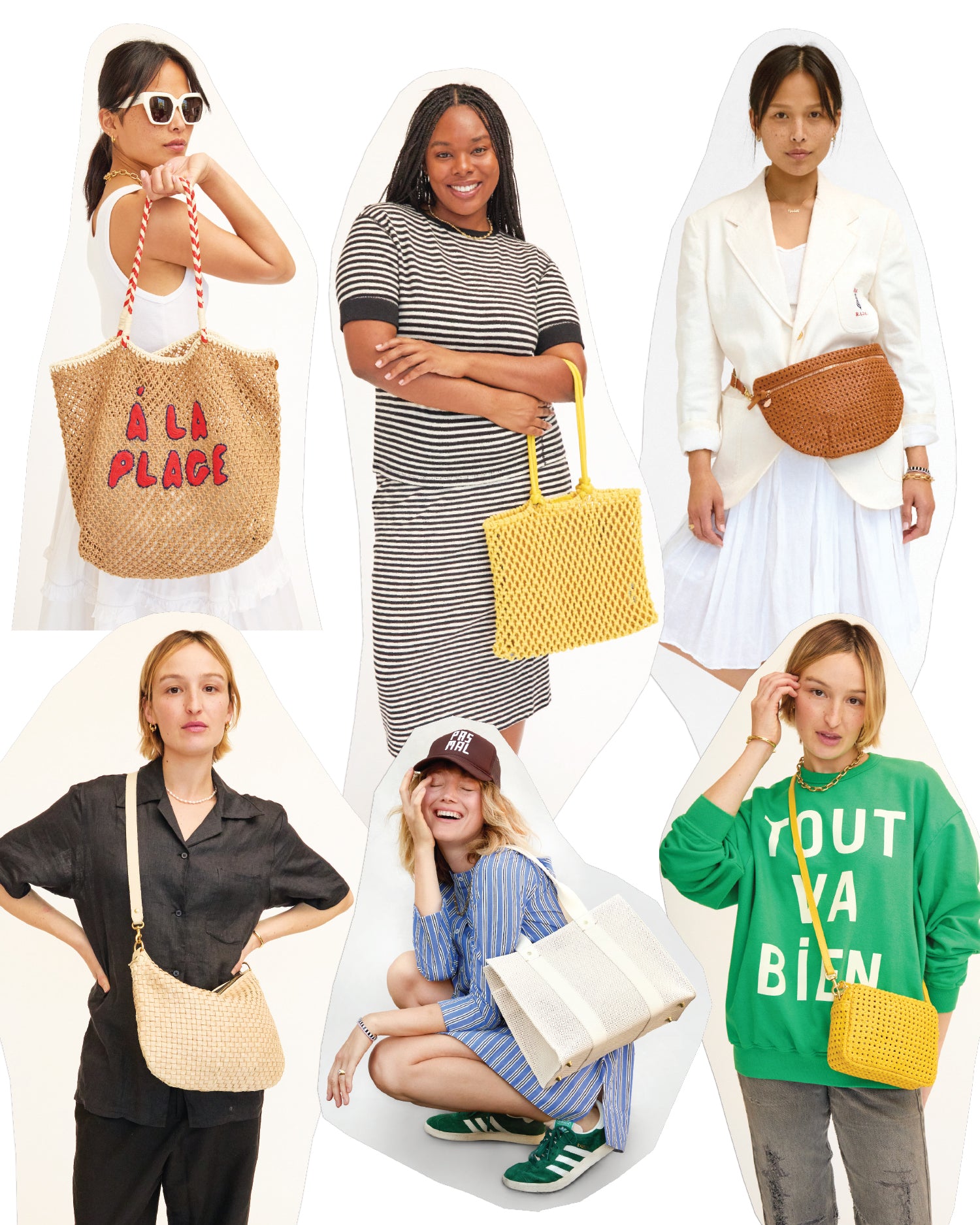Collage of Clare V. models carrying our Spring collection handbags and some apparel pieces. 