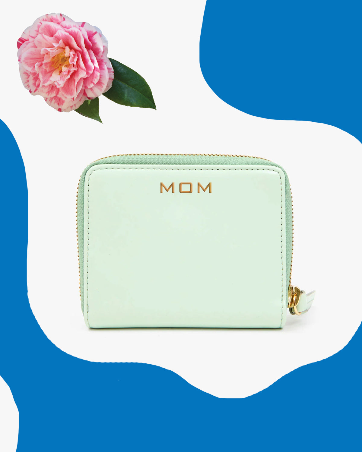 Mist Petite Zip Wallet with Gold Foil Monogram that reads 'MOM'.