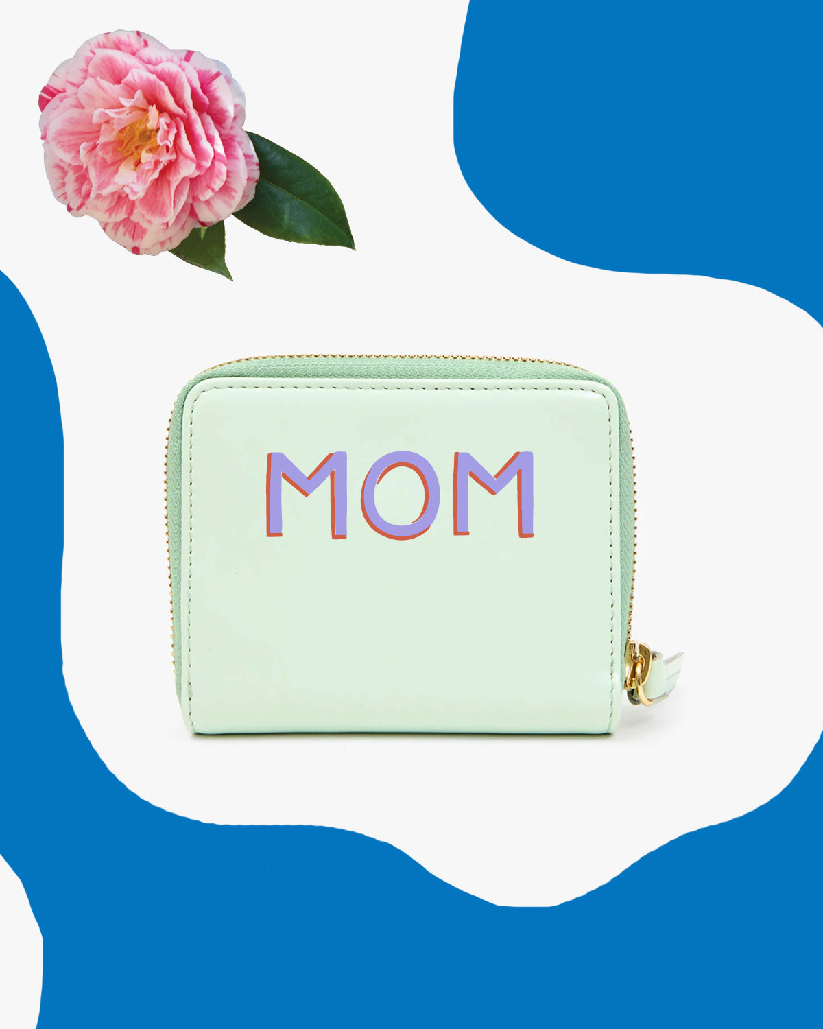 Mist Petit Zip Wallet with a handpainted monogram that reads 'Mom'.