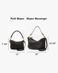 Petit Moyen with dimensions 7 and a half inches tall by 11 inches wide next to Moyen Messenger with dimensions 10 and a half inches tall by 15 inches wide