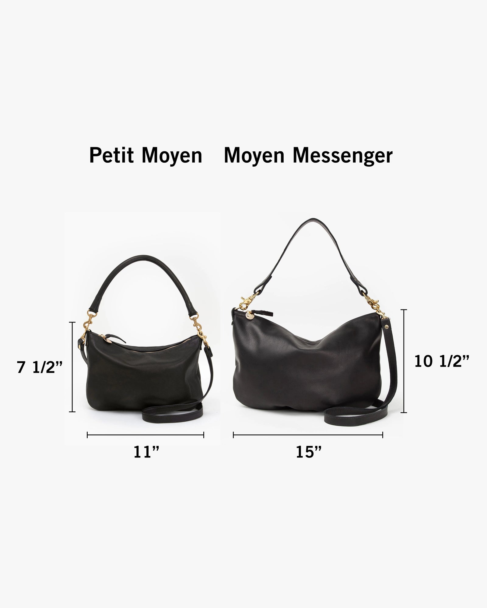 Petit Moyen with dimensions 7 and a half inches tall by 11 inches wide next to Moyen Messenger with dimensions 10 and a half inches tall by 15 inches wide